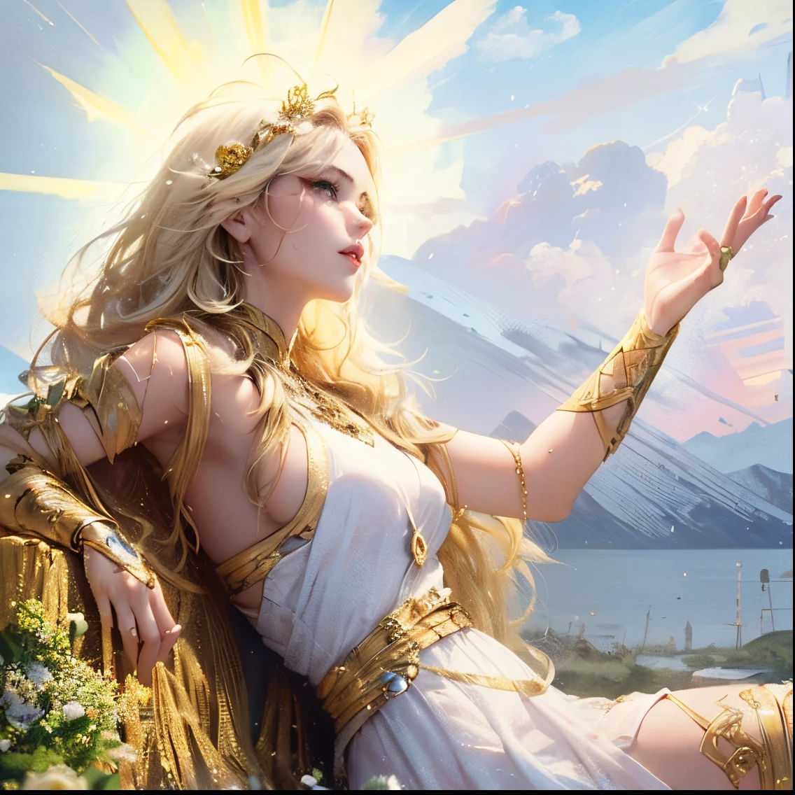 Greek goddess Aphrodite, fictional art, RAW photos, best photos, high resolution, best quality, best photos, best goddess quality, 8k female, masterpieces, (rose white skin: 1.4), (high skin detail: 1.1), 8k uhd, d slr, soft light, 8k, high quality, candid, volume Smooth and sharp, 10x pixel increase, (beautiful single girl: 1.8), (more details:0.8), delicate and beautiful lip detail,(pure and flawless face: 1.9), beautiful clear face and well-proportioned irises, curly blonde hair decorated with flowers, as well as blue eyes. (perfect anatomy) , (perfect eyes) Her figure is extremely voluptuous, big breasts, fitness hip, abs, fabric covering breasts, cracked abdominal muscle, white thick silk dress, large abdomen muscle, hanfu,