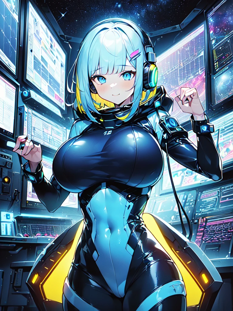 masterpiece:1.4, 1girl in ((20yr old, Wearing a futuristic white and silver costume, Tight Fit Bodysuit, long boots, Very gigantic-breasts, Multicolored blonde hair, a short bob, Perfect model body, Blue eyes:1.4, Wearing headphones, Flirting, Looking out the window of the futuristic sci-fi space station、While admiring the beautiful galaxy:1.2, SFSF control room on night background:1.1, Neon and energetic atmosphere:1.2)) ((Galaxy)) ((Solo:1.6))