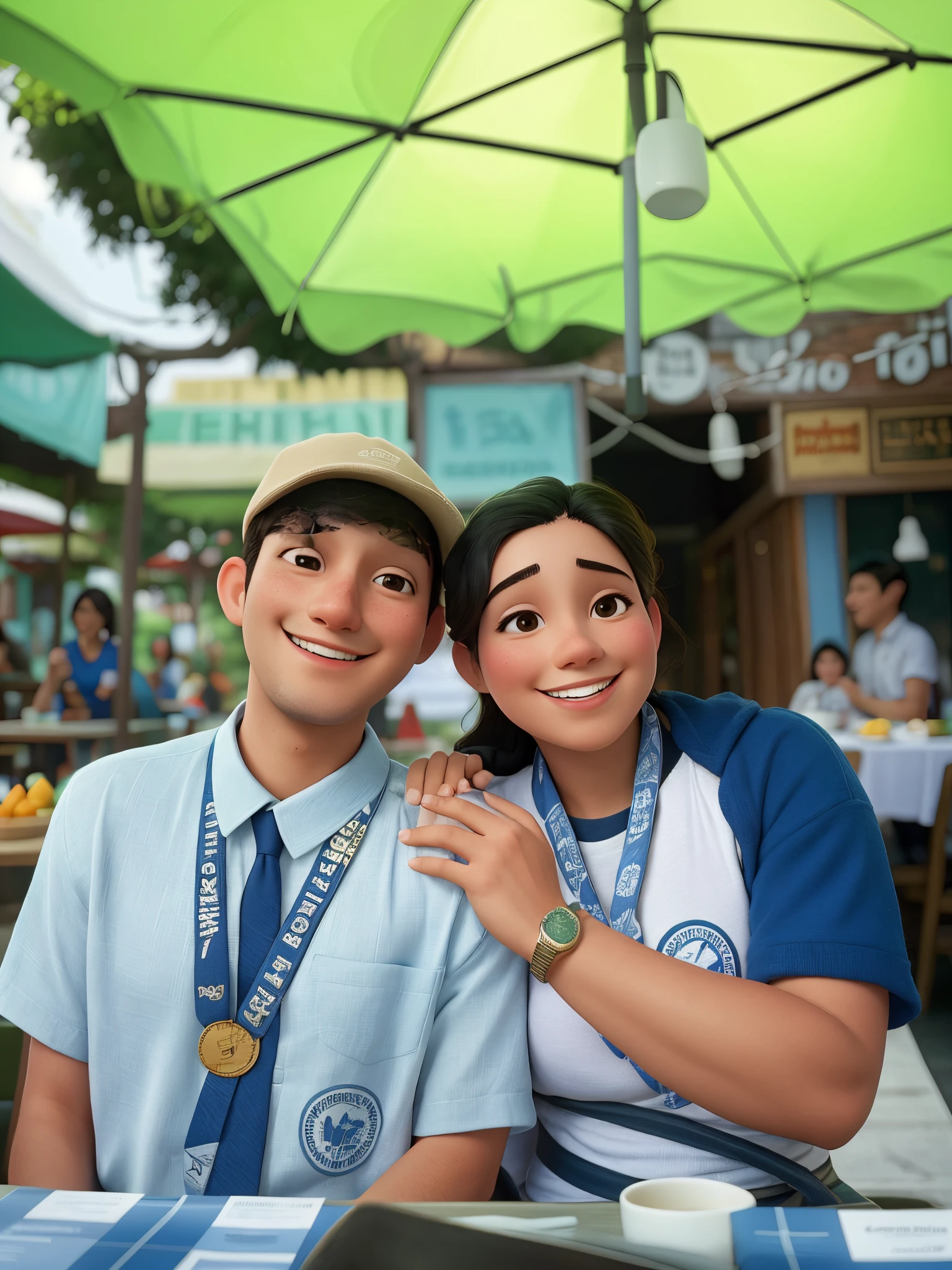 there are two people sitting at a table under an umbrella, pablo carpio and jordan grimmer, facebook post, photo taken in 2 0 2 0, student, profile pic, trending ,, awarding winning, both smiling for the camera, artisanal art, happy couple, beautiful faces, jordan grimmer and natasha tan, tyler edlin and natasha tan, wearing authentic attire