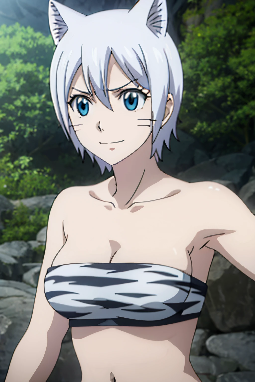 LISANNA STRAUSS, SHORT HAIR, BLUE EYES, HAIR BETWEEN EYES, WHITE HAIR, NAVEL, ANIMAL EARS, BARE SHOULDERS, COLLARBONE, TAIL, BIKINI, STRAPLESS, FACIAL MARK, ANIMAL PRINT, ANIMAL HANDS, WHISKER MARKINGS, TIGER EARS, TIGER PRINT, TIGER TAIL, TIGER STRIPES, 1girl, solo, facing viewer, looking at viewer, upper body, smile,