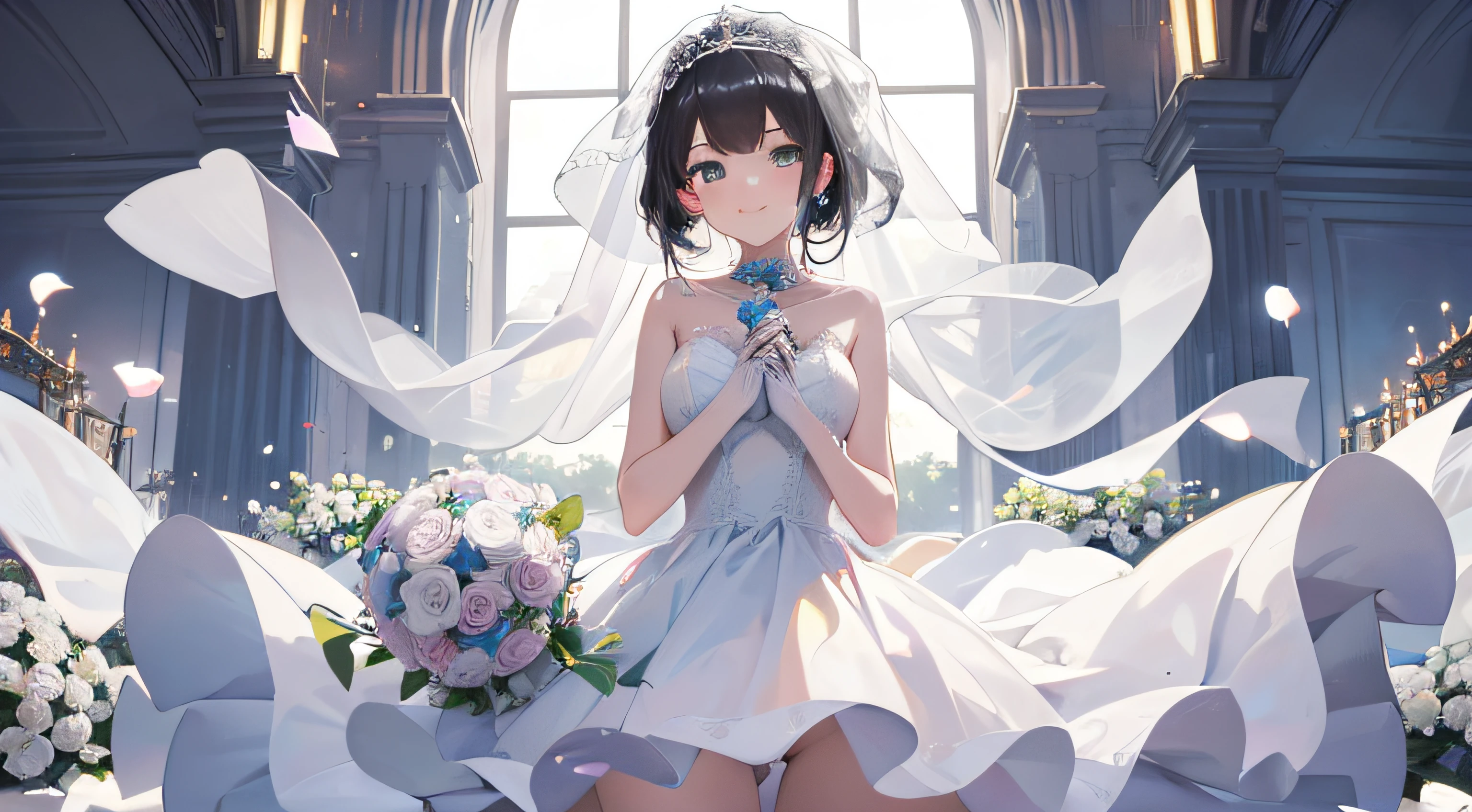 "(optimum,weddingdress,holding flower bouquet,one girls,chies)tmasterpiece,high quarity,hight resolution,New World Number. 1,Headphones around your neck,weddingdress,Bridal Veil,whitegloves,Cowboy close-up,standing on your feet,ssmile"