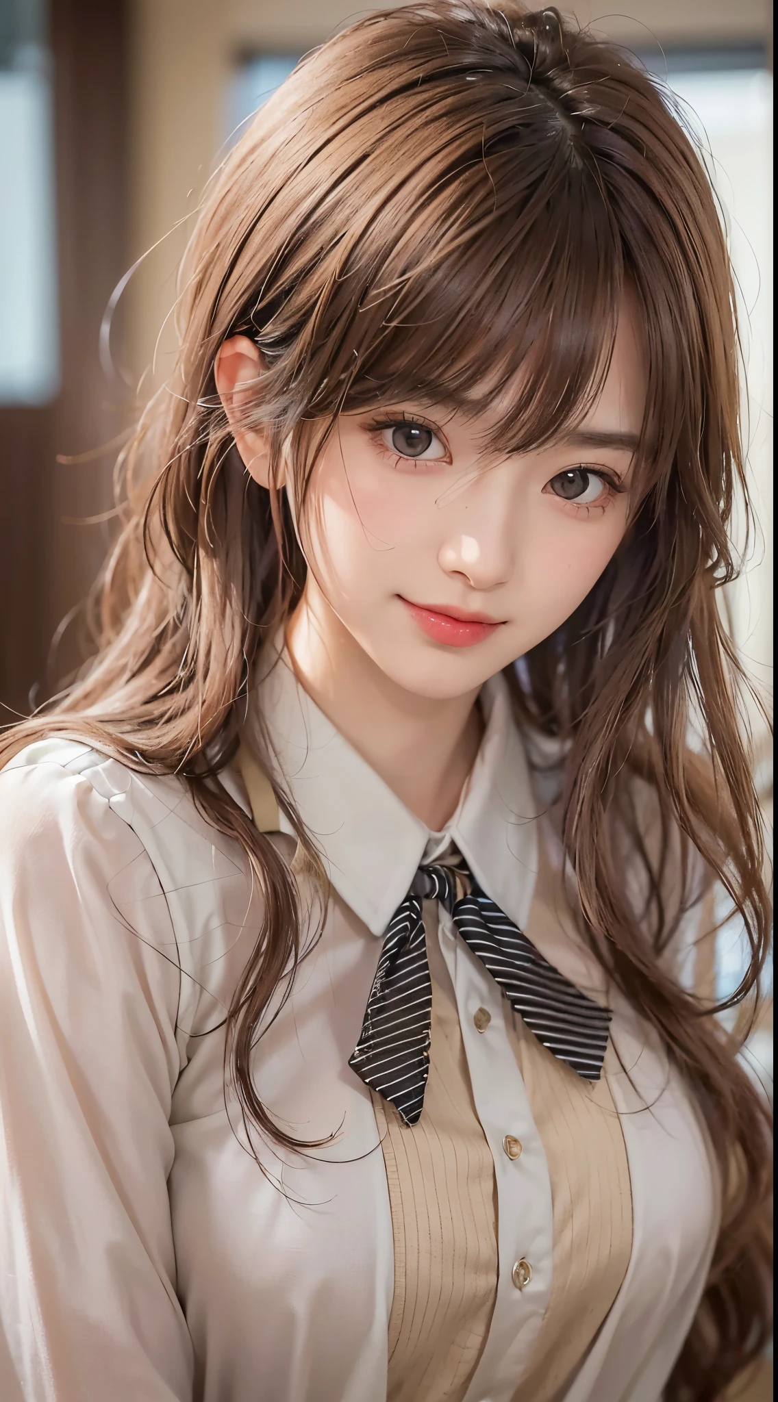 ((Beauty like a model)), Japan Girl,1 persons,masterpiece, The highest image quality, ultra-detailliert, (perfectbody:1.2), ((Perfect face+Brown hair)), Close up of, short wavy hair,Viewer's Perspective, detailed hairs、Detailed eyes(realisticeyes),profetional lighting,middlebreasts,(Brown eyes),slenderbody,adult lady,About 28 years old,glamor,kindly smile,Half Girl,Lashes,二重まぶた,Y-shirt and tie,Raw photo,Sexy lips,Lovely smile,she crumpled her face and smiled,Wearing a suit,abdominals,Constriction,Beautiful back,