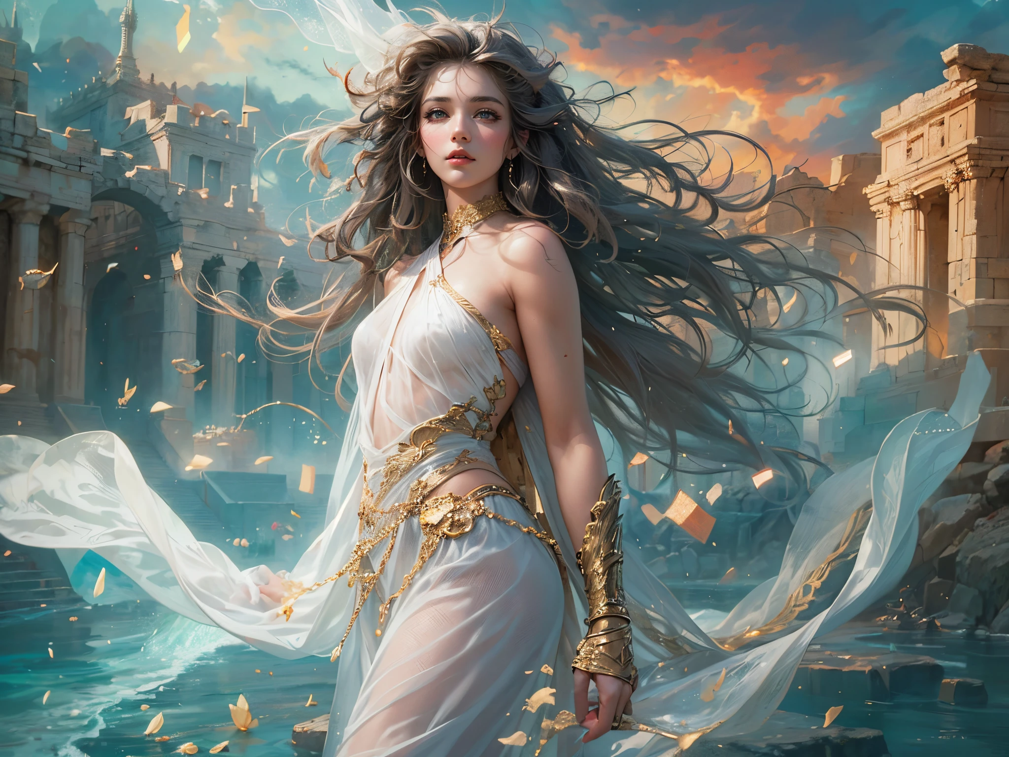 Greek goddess Aphrodite, fictional art, RAW photos, best photos, high resolution, best quality, best photos, best goddess quality, 8k female, masterpieces, (rose white skin: 1.4), (high skin detail: 1.1), 8k uhd, d slr, soft light, 8k, high quality, candid, volume Smooth and sharp, 10x pixel increase, (beautiful single girl: 1.8), (more details:0.8), delicate and beautiful lip detail,(pure and flawless face: 1.9), beautiful clear face and well-proportioned irises, curly blonde hair decorated with flowers, as well as blue eyes. (perfect anatomy) , (perfect eyes) Her figure is extremely voluptuous, big breasts, fitness hip, abs, fabric covering breasts, cracked abdominal muscle, white thick silk dress, large abdomen muscle, hanfu,