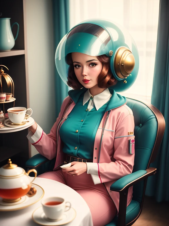 woman wearing retro sci fi costume, 1970's, alien helmet, wes anderson style, pastel color, tea party, medium shot, perfect composition