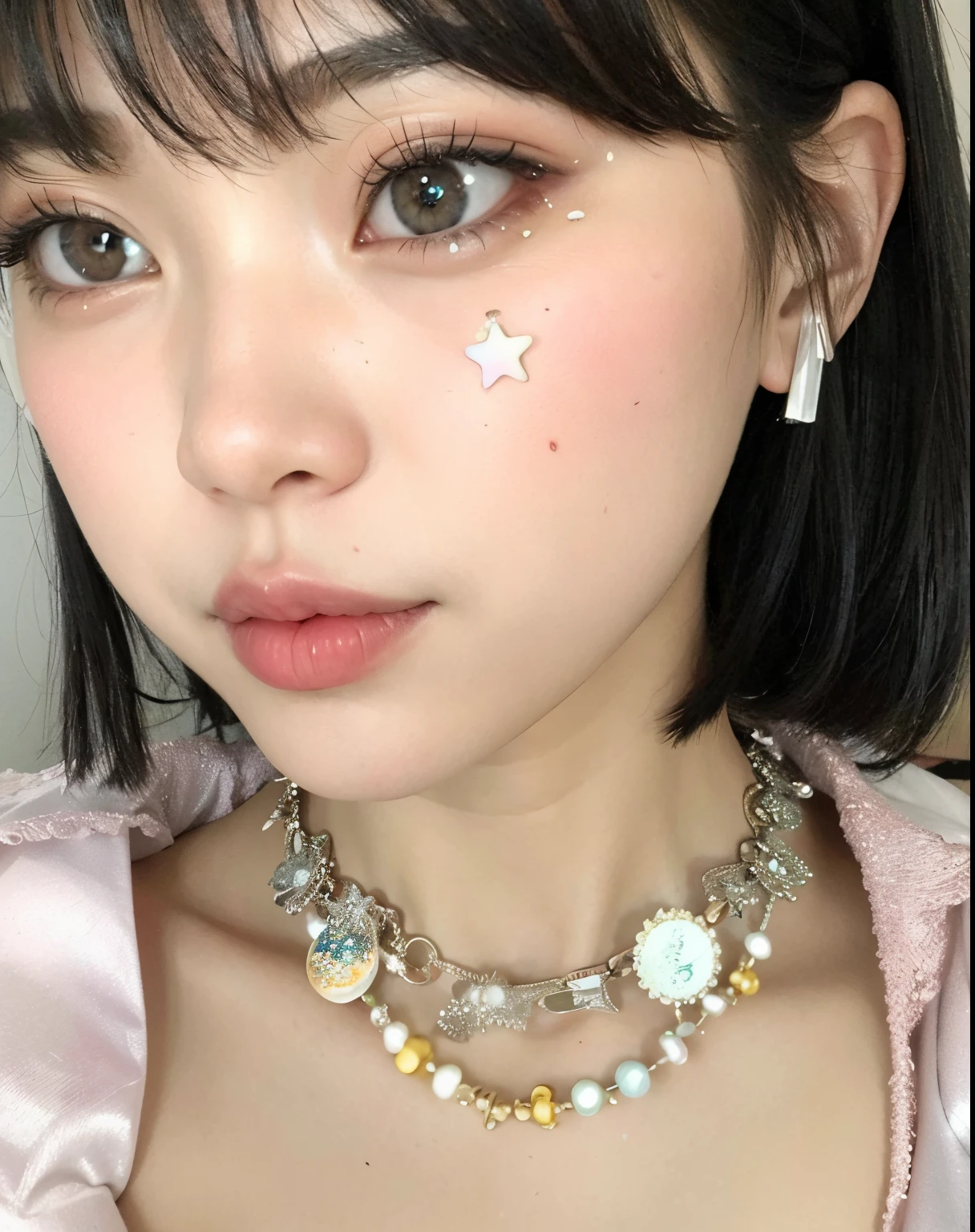 um close de uma mulher com um colar e uma estrela no rosto, kawaii aesthetic, anime vibes, kawaii retrato realista, olhos brilhantes estrelados, maquiagem leve, maquiagem coreana popular, rosto bonito claro, olhar de fada, maquiagem sul-coreana popular, olhos brilhantes penetrantes, linda Delphine, Ulzzang, menina kawaii bonito, olhos claros penetrantes, maquiagem de glitter