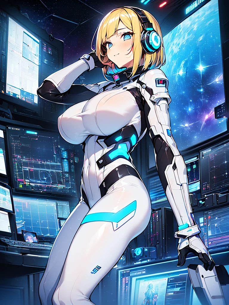 ​masterpiece:1.4, 1girl in ((20yr old, Wearing a futuristic white and silver costume, Tight Fit Bodysuit, long boots, Very gigantic-breasts, Multicolored blonde hair, a short bob, Perfect model body, Blue eyes:1.4, Wearing headphones, Flirting, Looking out the window of the futuristic sci-fi space station、While admiring the beautiful galaxy:1.2, SFSF control room on night background:1.1, Neon and energetic atmosphere:1.2)) ((Galaxy)) ((Solo:1.6))