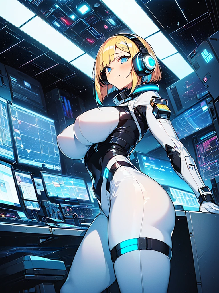 masterpiece:1.4, 1girl in ((20yr old, Wearing a futuristic white and silver costume, Tight Fit Bodysuit, long boots, Very gigantic-breasts, Multicolored blonde hair, a short bob, Perfect model body, Blue eyes:1.4, Wearing headphones, Flirting, Looking out the window of the futuristic sci-fi space station、While admiring the beautiful galaxy:1.2, SFSF control room on night background:1.1, Neon and energetic atmosphere:1.2)) ((Galaxy)) ((Solo:1.6))