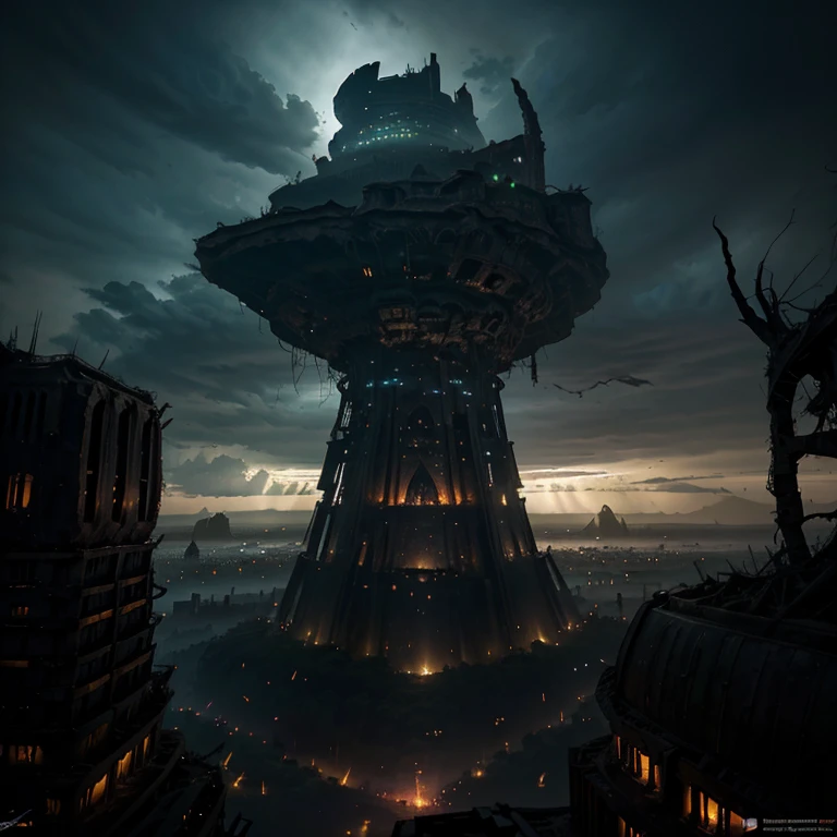 picture a sprawling landscape with a dark, ominous sky swirling above, casting an eerie glow on ruined skyscrapers overtaken by nature. A colossal, ancient dragon coils around a crumbling tower while mystical, bioluminescent flora and fauna reclaim the decaying cityscape, adding an otherworldly touch to the desolation. In the distance, silhouettes of warriors wielding enchanted weapons stand against an encroaching horde of twisted, mutated creatures amidst the remnants of a once-great civilization.