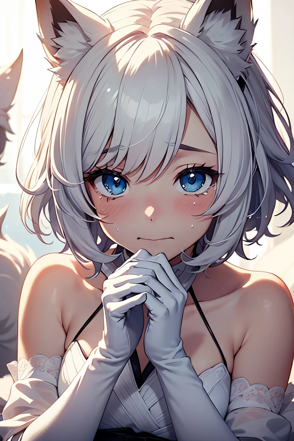 masutepiece Top image quality vivid high-detail One Young Woman((Adults))Anime style White Long Gloves((blanche)(Long gloves)) white stockings((blanche)(Stockings)) Wedding Wolf ears shorth hair((short-cut)(White hair)(Habitual hair)(fluffly)) Crying face(glad) Eye color is blue