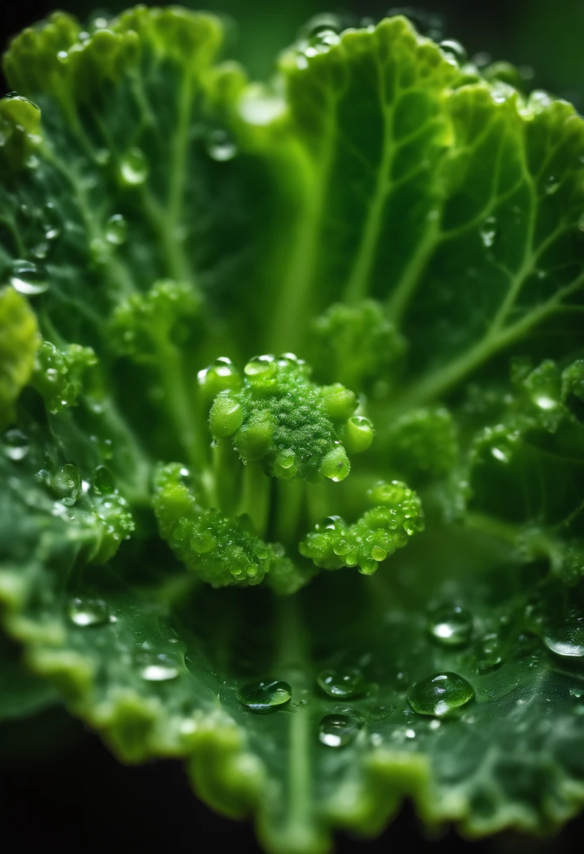 A high-resolution image of a close-up shot of a vibrant green broccoli floret, with water droplets glistening on its surface, creating a visually fresh and appetizing image.