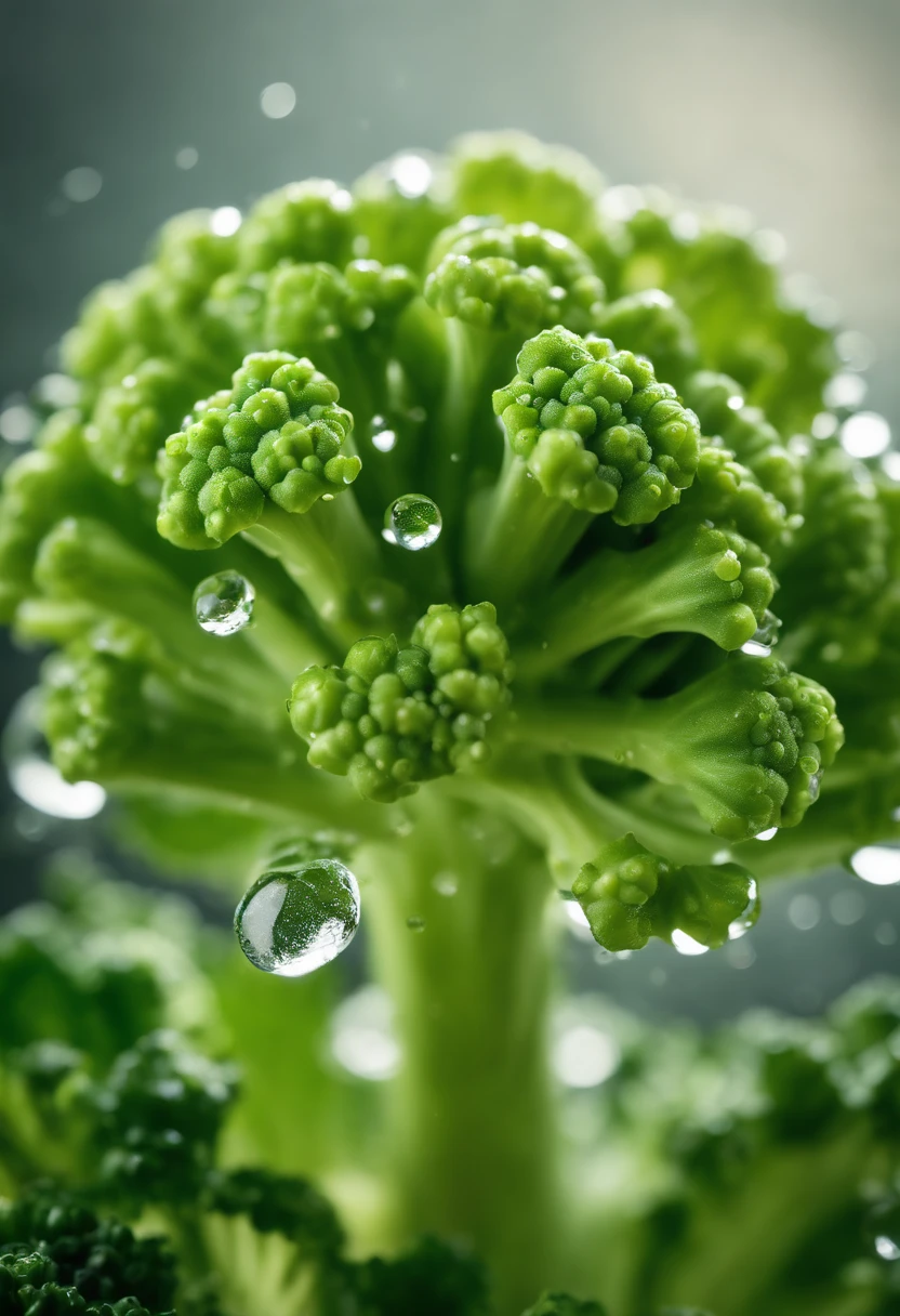 A high-resolution image of a close-up shot of a vibrant green broccoli floret, with water droplets glistening on its surface, creating a visually fresh and appetizing image.