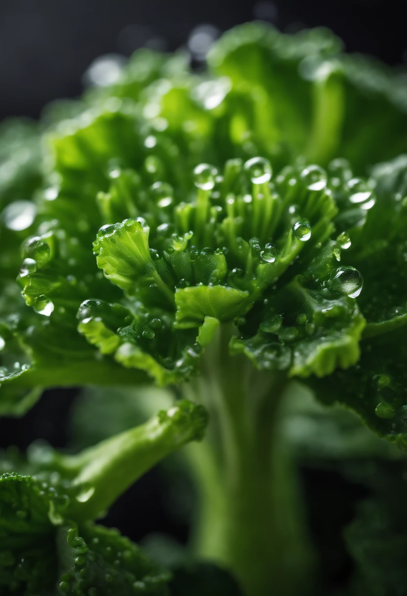A high-resolution image of a close-up shot of a vibrant green broccoli floret, with water droplets glistening on its surface, creating a visually fresh and appetizing image.