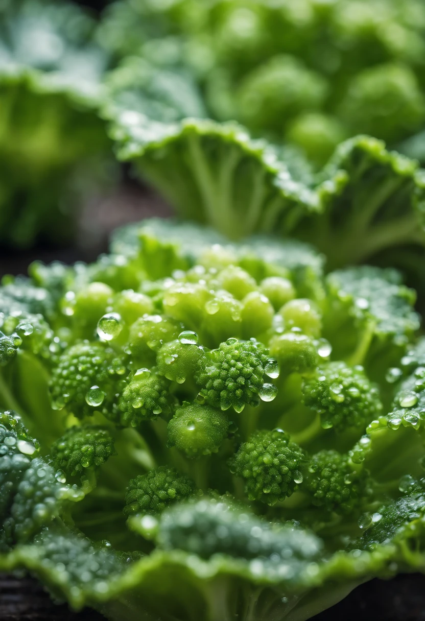 A high-resolution image of a close-up shot of a vibrant green broccoli floret, with water droplets glistening on its surface, creating a visually fresh and appetizing image.