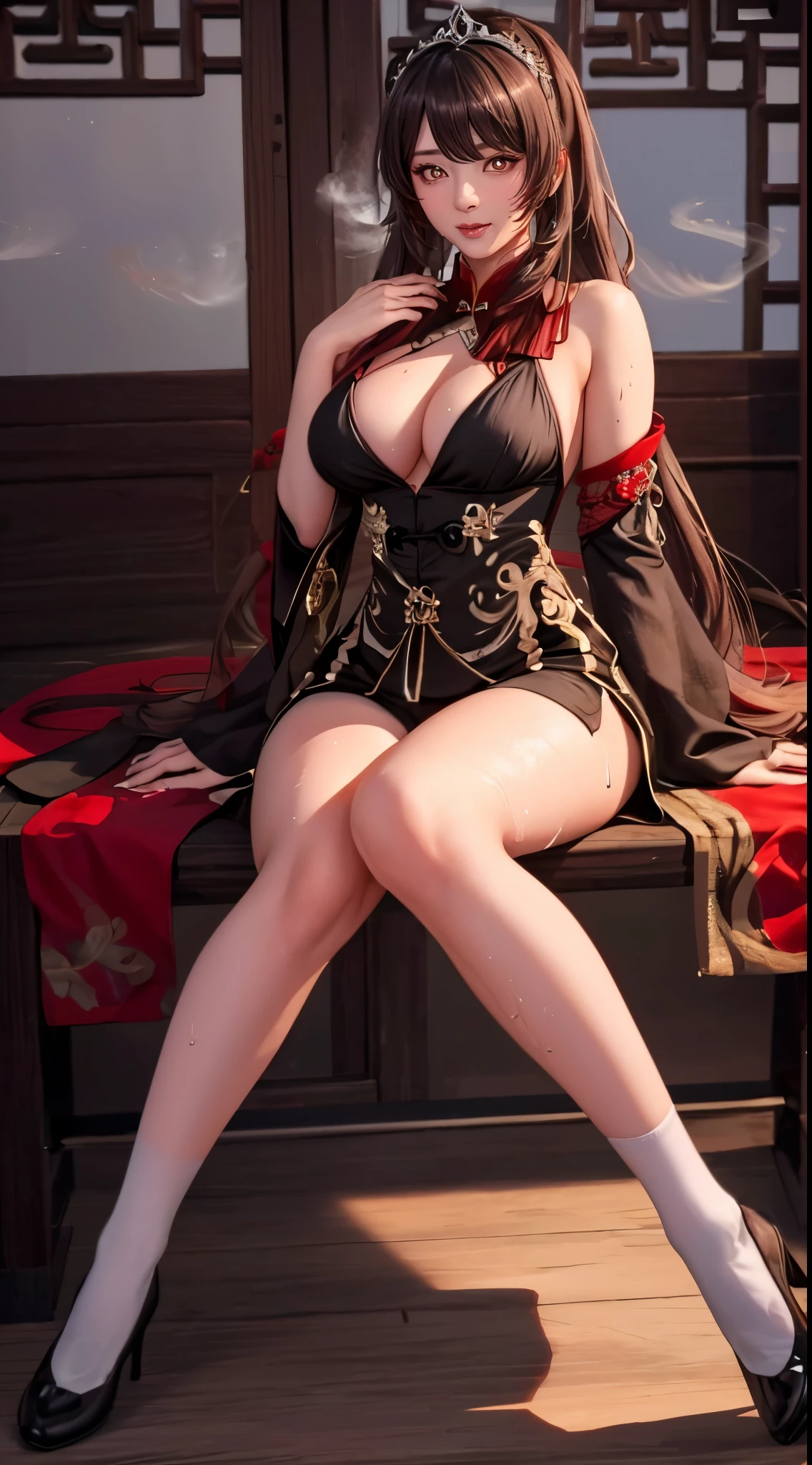 (((walnut one plus,Walnut V4, symbol shape student, flower shaped pupils, face flushed, ssmile, with her mouth open, longer sleeves, There is cleavage, jewely, flowers blooming, upper legs, shorter pants, sockes, Black tiara, Chinese clothes, Black shorts, Cap flower,,Fashionab))),((tmasterpiece)),A high resolution, ((Best quality at best)),tmasterpiece,top-quality,Best quality,((( exquisite facial features,looking at viewert,There is light in the eyes,Smilingly,Self-confident ))),(((Light and shadow interlace,huge boob,Lop,Protruding nipples))),(((araf asian woman posing, (((perspired,Steaming))),araf asian woman posing, sweating body, Wet with, 24 years old female model, )))