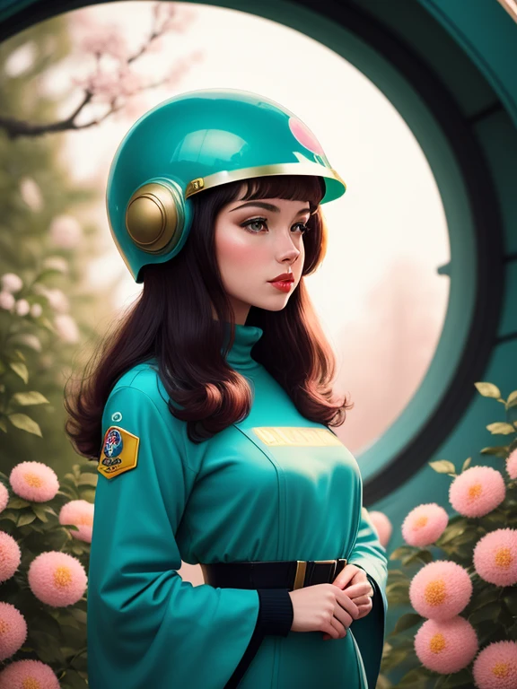 woman wearing retro sci fi costume, 1970's, alien helmet, wes anderson style, pastel color, maximalist, blossom, perfect composition