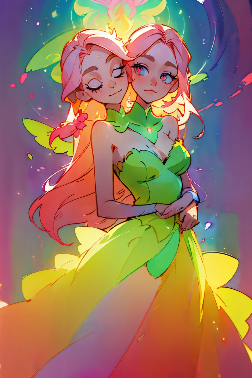 (masterpiece, best quality), best resolution, (2heads:1.5), 1girl, beautiful two-headed girl in ombre gradient dress, fairy dress, long golden pink hair, colorful watercolor background, watercolor illustration, inspired by Glen Keane, inspired by Lois van Baarle, disney art style, by Lois van Baarle, glowing aura around her, by Glen Keane, jen bartel, glowing lights! digital painting, flowing glowing hair, glowing flowing hair, beautiful digital illustration, fantasia otherworldly landscape plants flowers, beautiful, masterpiece, best quality, anime disney style