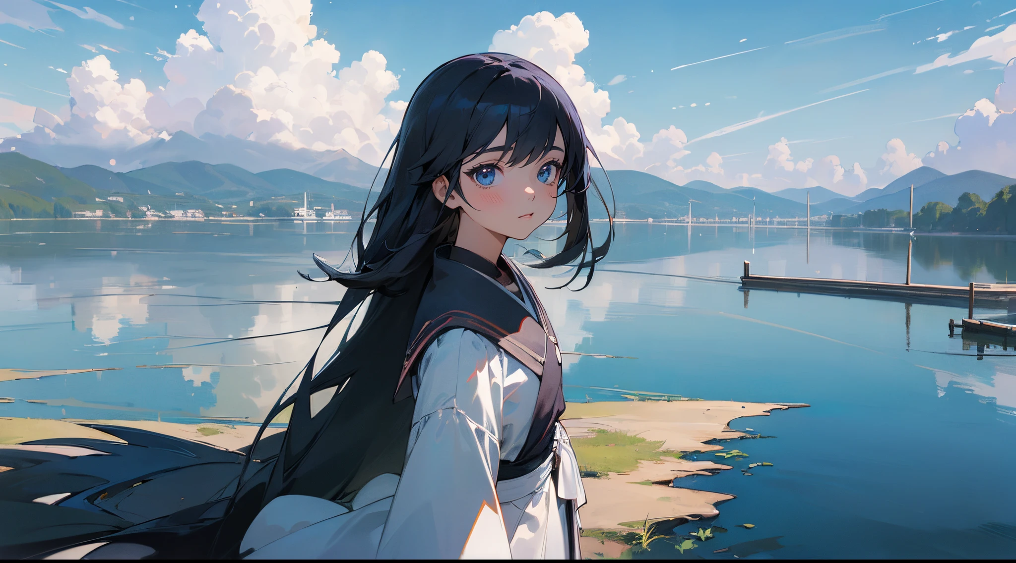 ((Top Quality)), ((masterpiece)), (Detailing),(high resolucion:1.2),((girl looking at the lake)),Mystique,lake,((Dynamic)),(mitsurou kubo:1.1),(Detailed Cloudscape:1.3)