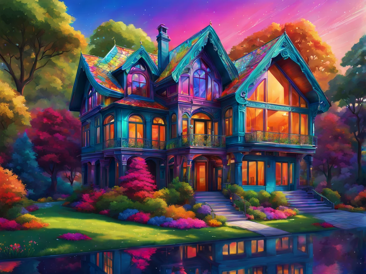 modern house, art by (Akrokan), mesmerizing digital painting, vivid colors, elaborate, breathtaking, chromatic nanotechnology, magnificent, iridescent particles, mesmerizing pattern of kaleidoscopic colors, nanotechnological display, vibrant hues, (detailed:1.4), best quality, particles, digital painting, H!D