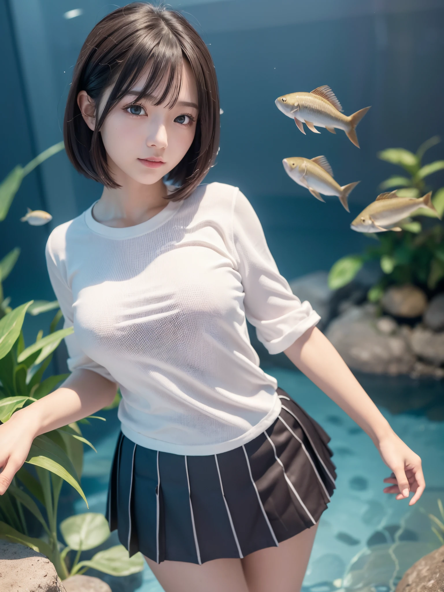 ((masterpiece)), ((best quality)), (ultra-detailed), ((extremely detailed)), 4K, (8K), best quality, (beautiful), realistic, real, dynamic angle0, front view ,a Japanese young pretty girl ,Large Aquarium, Aquarium, daytime, in front of a large tank with fish, happy to see fish,glamorous figure ,long bob hair ,1girl, solo,“uniform”,“outfit”,“clothes”),Striped long-sleeved T-shirt), (pleated miniskirt), ((beautiful eyes)), large breast, a big smile, hyper cute face, glossy lips, double eyelids for both eyes, long eyelashes ,natural makeup, shiny smooth light brown hair of long bob hair, asymmetrical bangs, high resolution, high detail, detailed hairstyle, detailed face, cinematic lighting, octane rendering, hyper realistic, perfect limbs, perfect anatomy