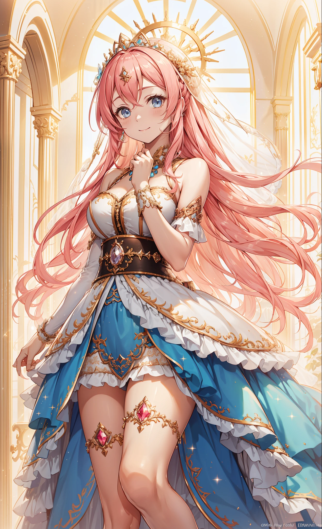 (Best quality, A high resolution, ctextured skin, high high quality, high detal,Extremely detailed CG unification),Teenage girl，obsessed，Divine happiness，Being in love，having fun，(Heavenly maxi skirt and ball gown combination)，with pink hair，eBlue eyes，(Fabric headdress)，Maximalism，multi-layered ruffles，Lace，delicate embroidery，delicate patterns，Fabric headdress，dress nicely，Sheer transparent clothes，Bedrooms，Sparkling，(Showing the appearance of being covered by a transparent skirt:1.1)，电影灯光，natta，the only person，Fluttering skirts，exquisite and beautiful face，Dynamic Angle