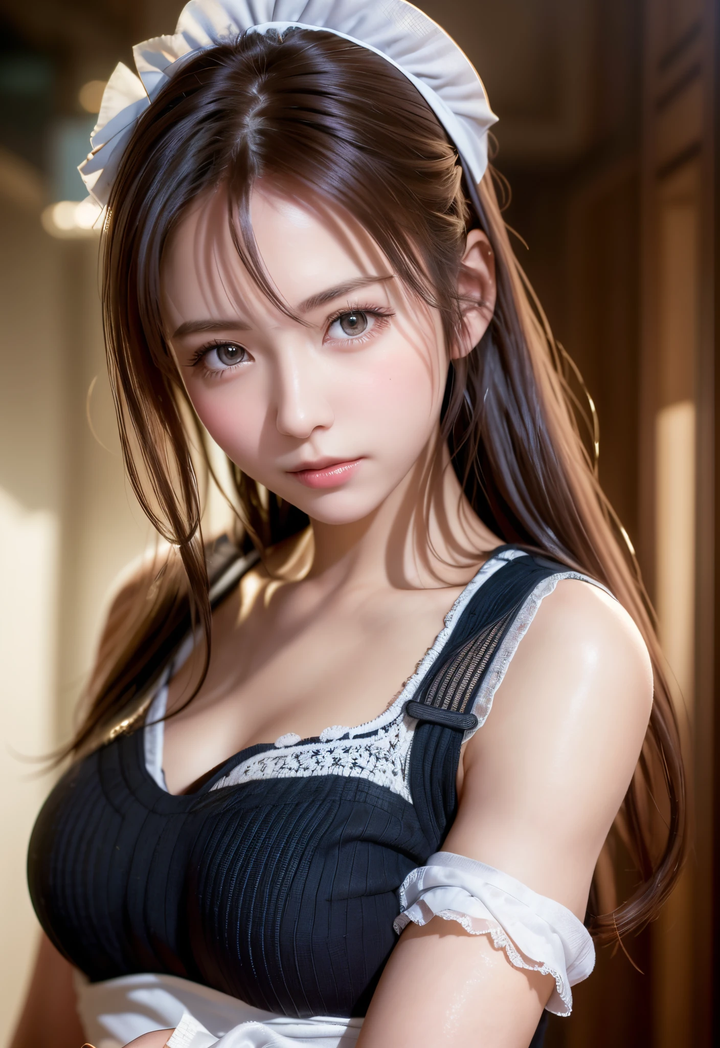 8K quality、High resolution、Sexy maid、Realistic skin texture、High resolutionの肌、、Grabbing the breast、Princess Hair、thin、Small and young breasts、Open the mouth to reveal a realistic tongue、Beautiful cleavage、Gray Hair、Thin legs、French Braid、、Full Body Shot、Moist lips、lie down exhausted