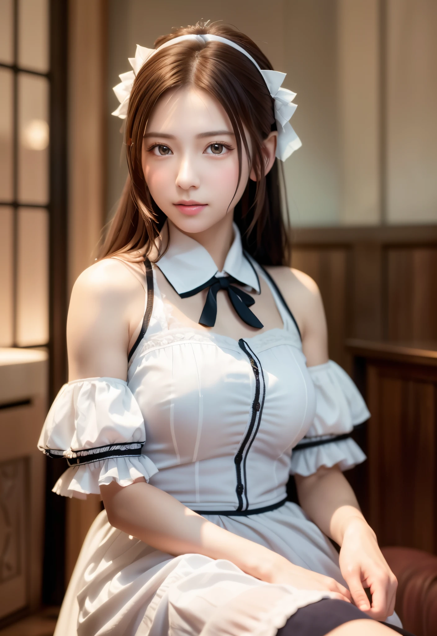 8K, of the highest quality, masutepiece:1.2), (Realistic, Photorealsitic:1.37), of the highest quality, masutepiece, Beautiful young woman, Pensive expression,、A charming、and an inviting look, Cute Maid Clothes, Hair tied back, Cinematic background, Light skin tone