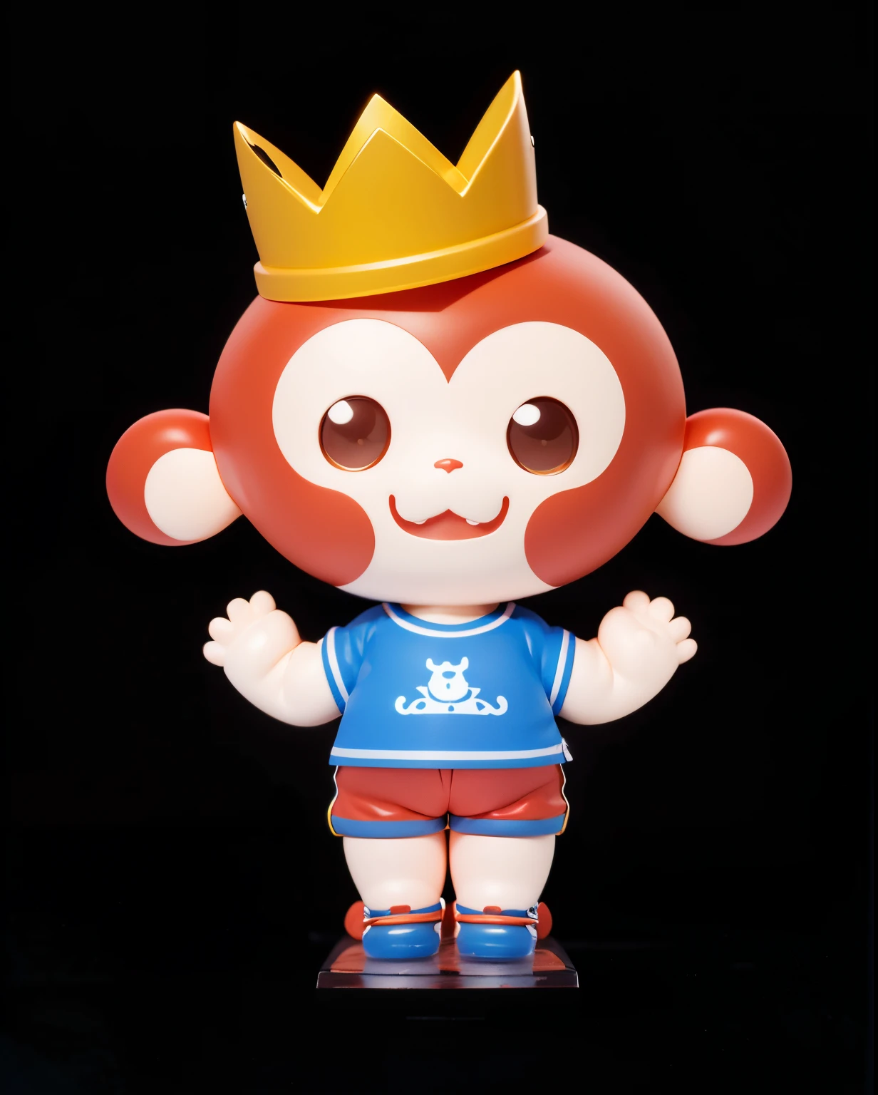 3D character style,Harmonious and clear facial features((Best quality at best)), ((tmasterpiece)), ( The content is very detailed, highest details, offcial art, Beauty and aesthetics:1.2), depth of fields, Composition of the whole body, (tchibi), , (beautiful and detailed eye:1.3),(extremely happy:1)A cute red monkey,simple yellow crown,Cute face,blue short sleeves,Red sports shorts,athletic sneakers