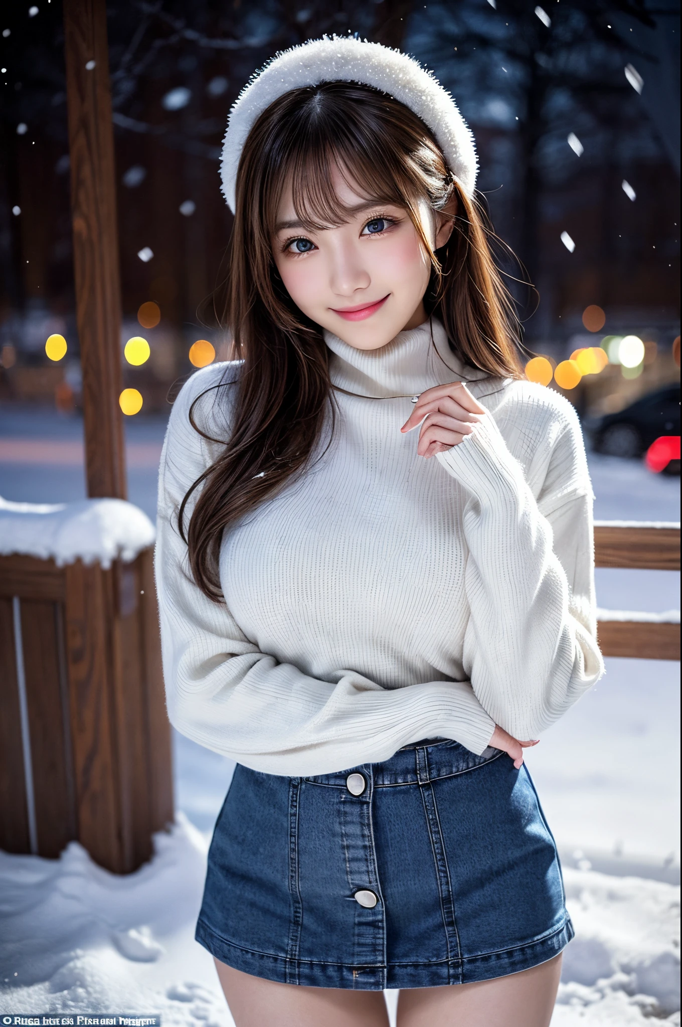(masutepiece:1.3, Photorealsitic:1.4, 8K), top-quality, masterpiece, 超A high resolution, Perfect dynamic composition, Highly detailed skin and facial texture:1.3, A detailed eye, Detailed limbs, Winters, (snowflakes falling:1.2), Snowfall landscape at night:1.2, 1girl in, Cute sexy 17 year old slim woman, Fair skin, (Snow fell on my body and clothes:1.0), ((A smile:0.9, Totally captivates you:1.0)), (Thick short jacket over long sleeve turtleneck sweater:1.2, High waist mini skirt:1.1), ((voluptuous breasts:1.05)), Short boots, (Facing the front, Frolic Pose), (Beautiful blue eyes, Eyes that feel beautiful eros:0.85), Sexy face:0.4, (A mouthfeel that feels beautiful eros:0.85), ((Too cute beauty:0.9))