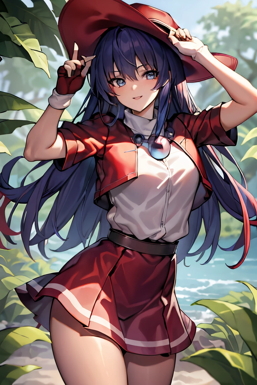 ((beste-Qualit, tmasterpiece)),a 1girl,blue-red hair with white tips, ocean blue eyes, cowboy hat, in hunting clothes, in a jungle environment