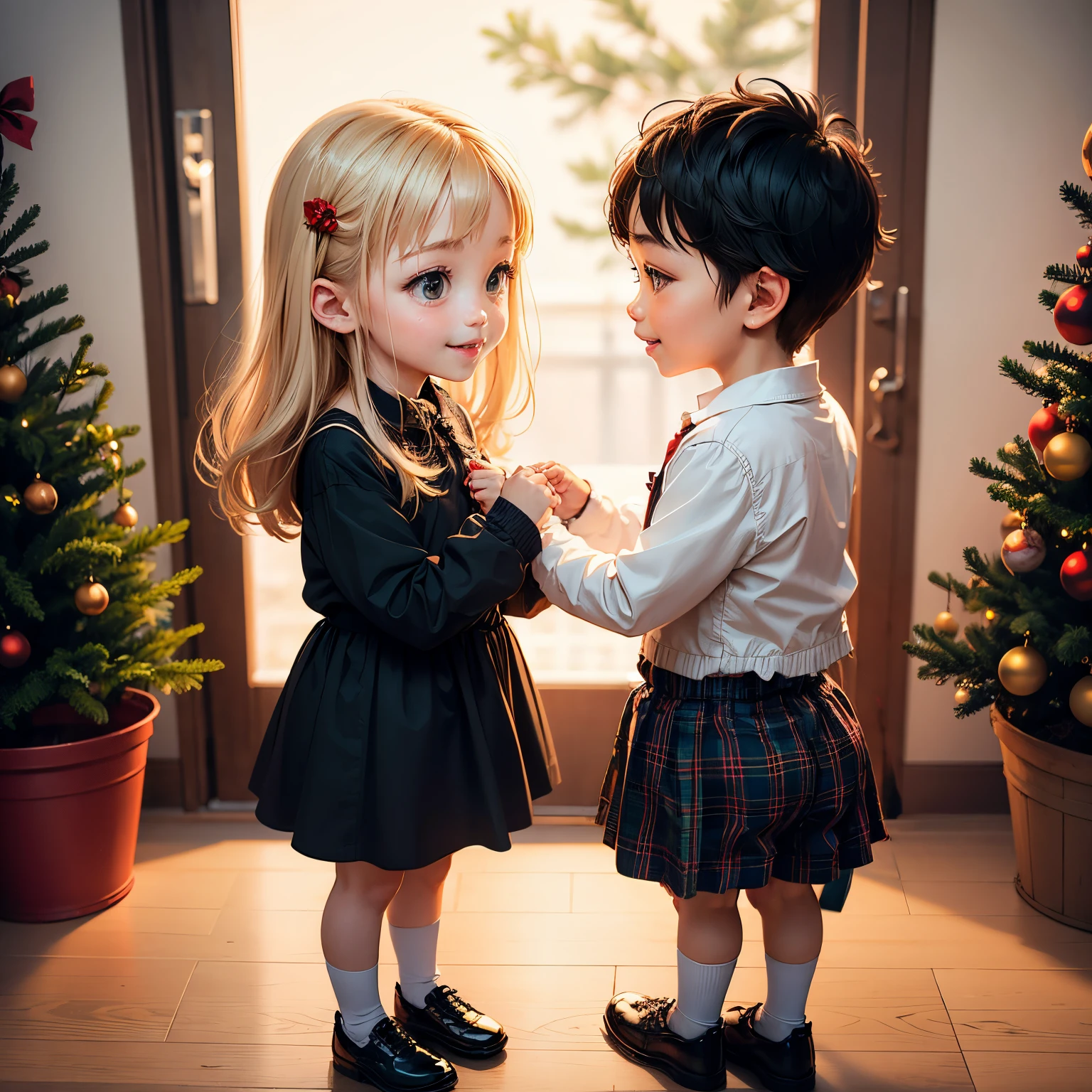 ​masterpiece、top-quality、ultra-detailliert、（Chibi character kindergarten child couple：1.2）、first love、stare at each other、Christmas tree、A smile、Secret story、Standing