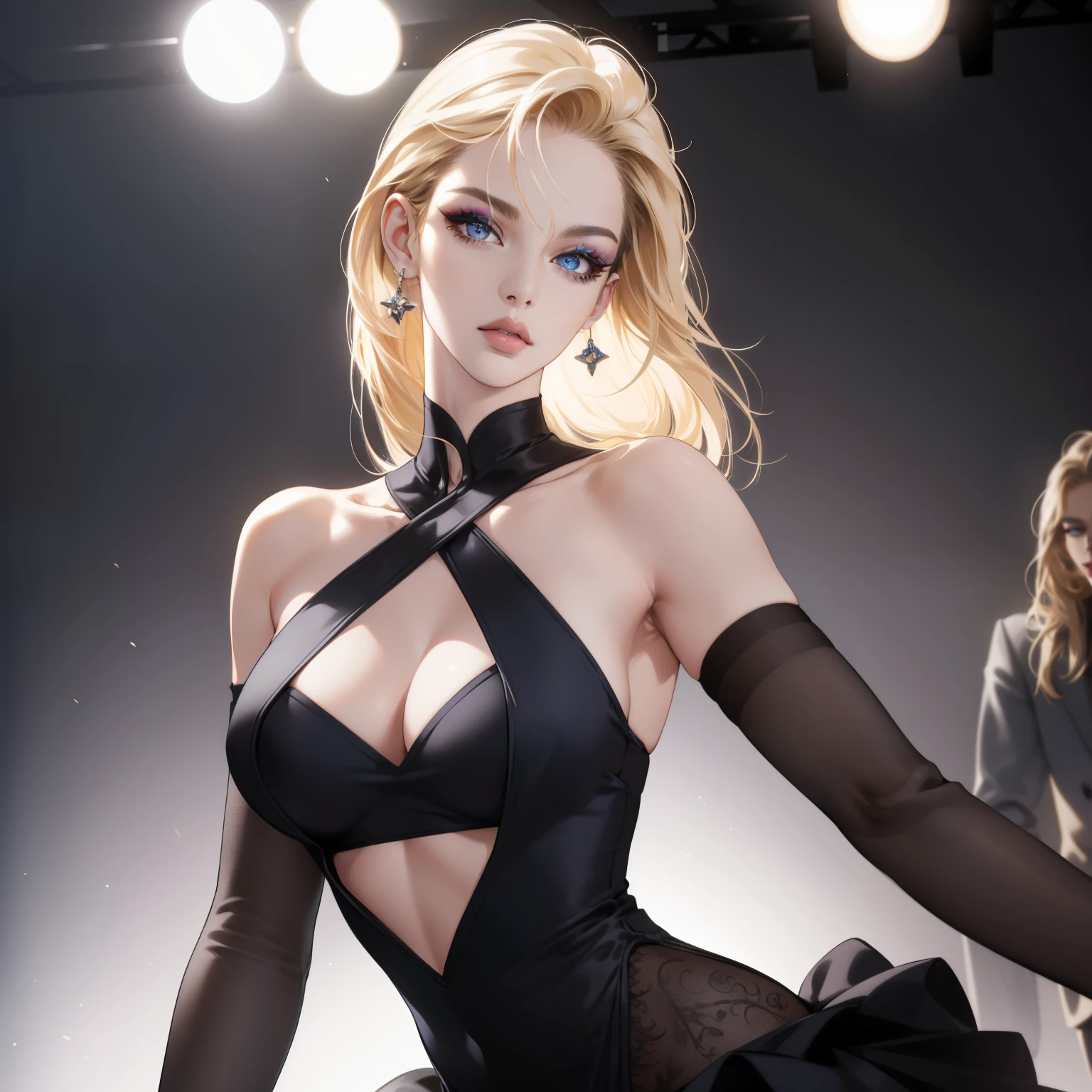 (best quality,4k,8k,highres,masterpiece:1.2),ultra-detailed,(realistic,photorealistic,photo-realistic:1.37),beautiful detailed eyes,beautiful detailed lips,extremely detailed eyes and face,long eyelashes,1 girl,model,fierce,defiant,famous model,blonde,model with confident eyes,striking blue eyes,magnificent hairstyle,breathtaking beauty,flawless skin,fashionable attire,stylish makeup,great posture,posing with attitude,photo shoot set,audience admiring,model under spotlight,dynamic lighting,high fashion vibes,vogue style,graceful movement,runway fashion show,glamorous background,jaw-dropping elegance,strikingly confident expression,captivating charm,piercing gaze,captured in a stunning pose,female model wearing couture,famous for her unique style,inspiration for aspiring models,graceful and bold presence,living legend of the modeling world,renowned across the globe,model known for her fierce and defiant personality