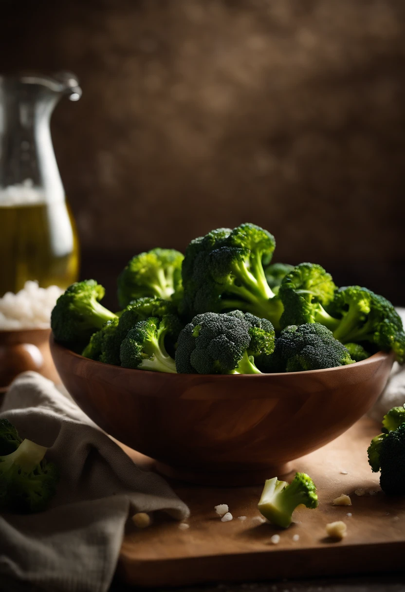 A visually stunning composition of a bowl filled with steamed broccoli florets, with a sprinkle of sea salt and a drizzle of olive oil, capturing the simplicity and natural beauty of a healthy meal