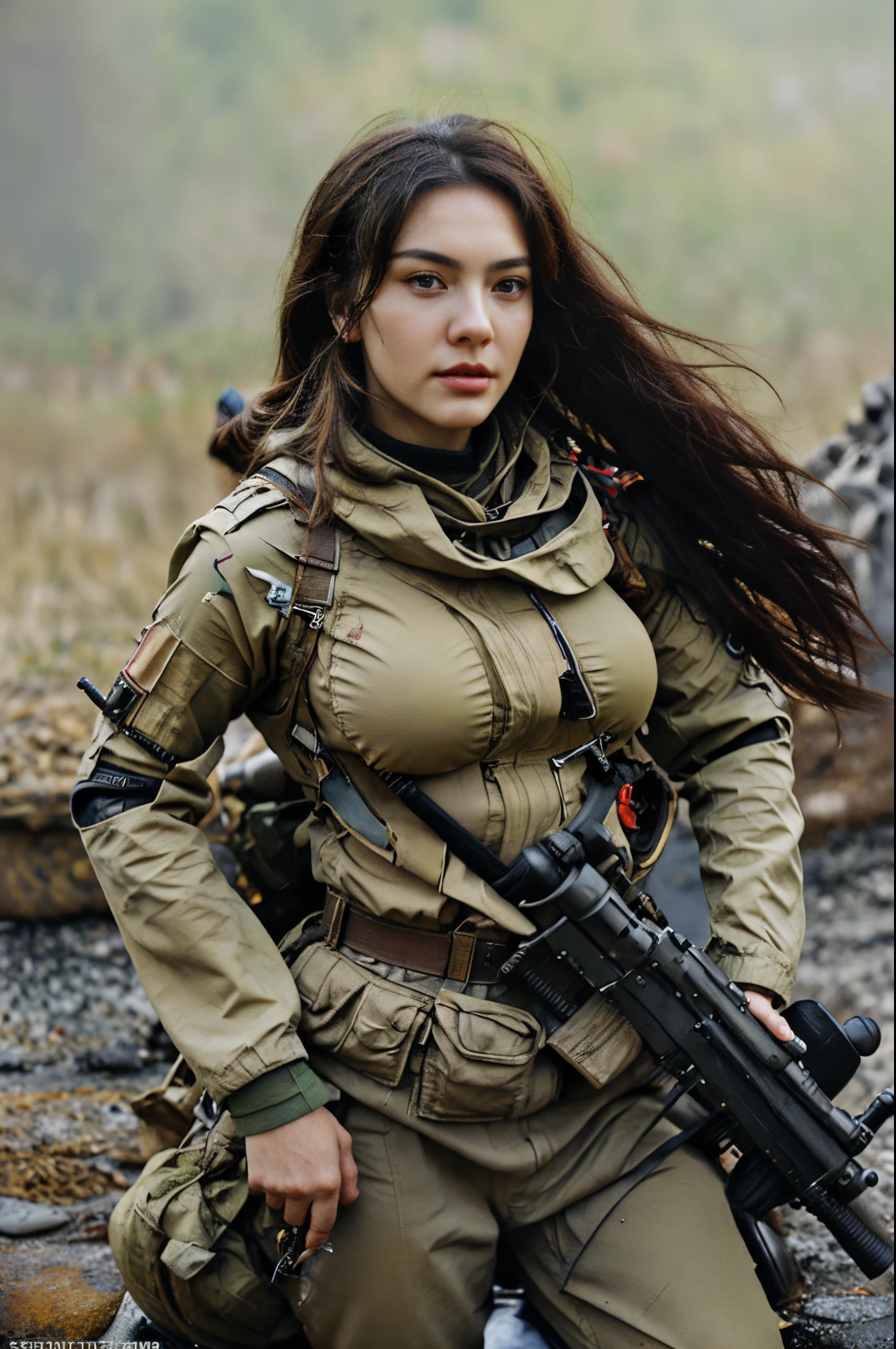 arafed woman in military uniform posing with rifle in front of fire, wojtek fus, infantry girl, military girl, soldier girl, beautiful female soldier, big breasts:1.4), mechanical soldier girl, deviantart art station cgscosiety, beautiful digital artwork, artwork  guweiz style, ross tran 8 k, cgsociety high definition, cgsociety amazing