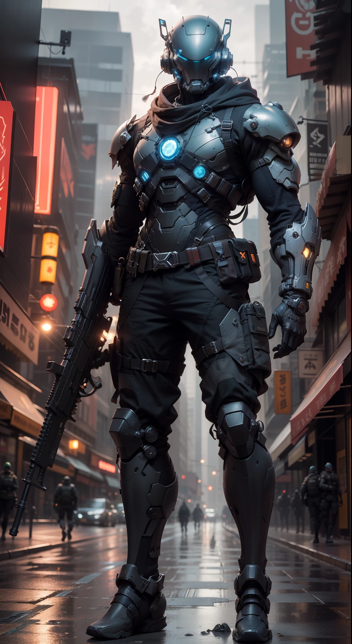 1人, A futuristic male military commander ((Square cyber helmet head with blue light)) and a pair of mechanical feet, Wear a pair ((Iron gray gloves)), no shoe, dressed in ((Gray frog set)), Standing in the cyberpunk city, holdingweapon, holding a gun, rifles, hand gun, assault rifle, wearing epactical, Face focus, hyper HD, Anatomically correct, Best quality at best, tmasterpiece, Full body panel，high quality，k hd，Mech warrior，Night，City，The war is coming，Like an arrow on the string，vitality bomb