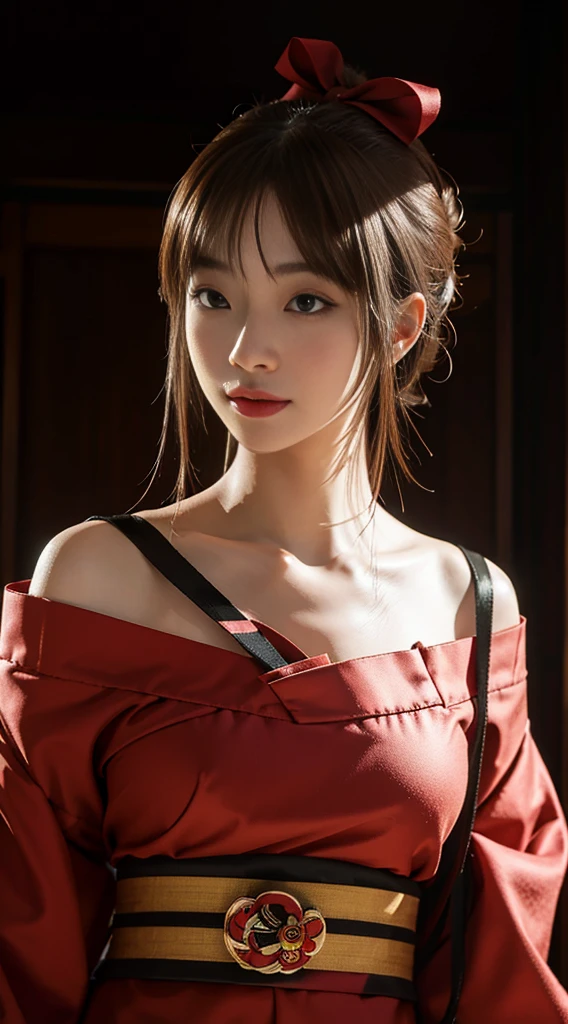 Unbeatable masterpiece, Ultra photo realsisim, Perfect Artwork, Intricate details, Best Quality, strong lights,High contrast, masutepiece , Best Quality , offcial art ,the Extremely Detailed CG Unity 8K Wallpapers ,1girll , Solo , Realistic , makeup , hight resolution , full body Esbian , view the viewer , Smile, Bangs , Bare shoulders , Brown hair ,crossed bangs , hair between eye , Japanese style costume , Komono , Long ,Mask , mask on head , cropped shoulders , cparted lips , Red Eyes , Red kimono , Red Ribbon ,bow ribbon , sash , skyporn , Solo , Striped ribbon ,taihou \(Reynel Blue) , double tails , Very hairy , Wide sleeves , (Shiny skin) ,