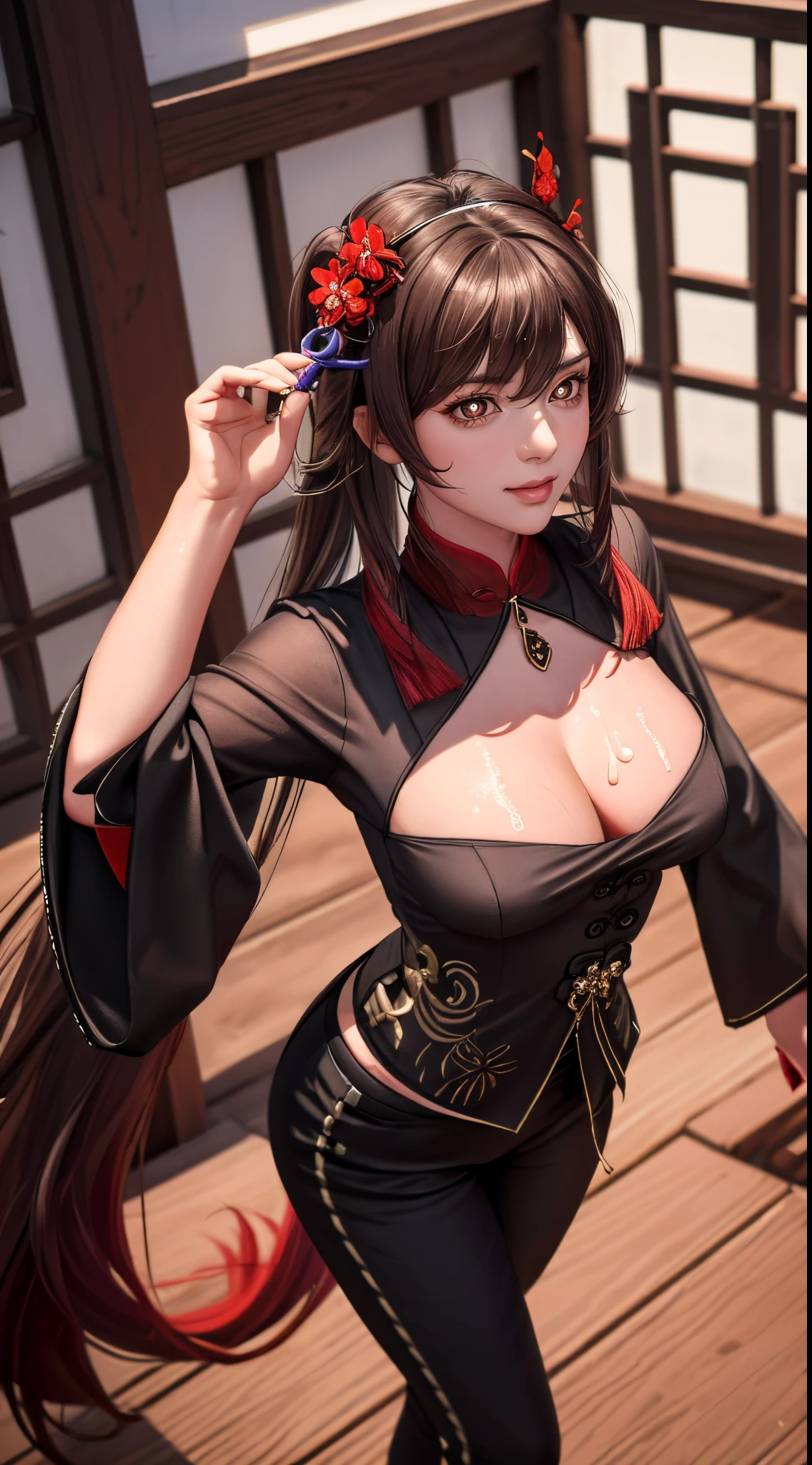 (((walnut one plus,Walnut V4, symbol shape student, flower shaped pupils, face flushed, ssmile, with her mouth open, longer sleeves, There is cleavage, jewely, flowers blooming, upper legs, shorter pants, sockes, Black tiara, Chinese clothes, Black shorts, Cap flower,,Fashionab))),((tmasterpiece)),A high resolution, ((Best quality)),tmasterpiece,top-quality,Best quality at best,((( exquisite facial features,looking at viewert,There is light in the eyes,Smilingly,self-assured ))),(((Light and shadow interlace,huge boob,Lop,Protruding nipples))),(((araf asian woman posing, (((Sweated,steams))),araf asian woman posing, sweating body, Wet, 24 years old female model,from the above )))