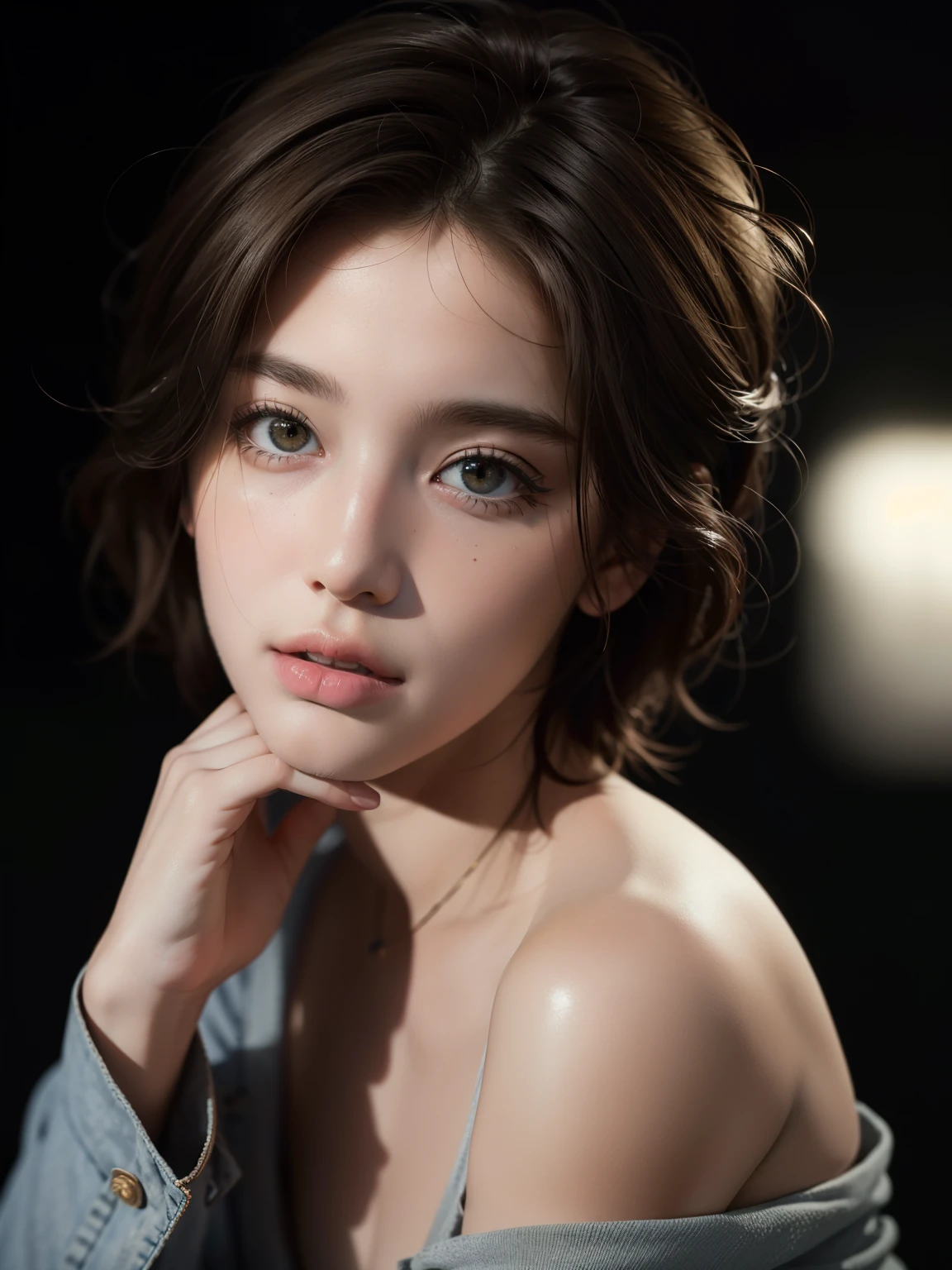 Best quality, masterpiece, ultra high res, (photorealistic:1.5), raw photo, 1girl, offshoulder, in the dark, deep shadow, low key, cold light, sexy look, short hair
