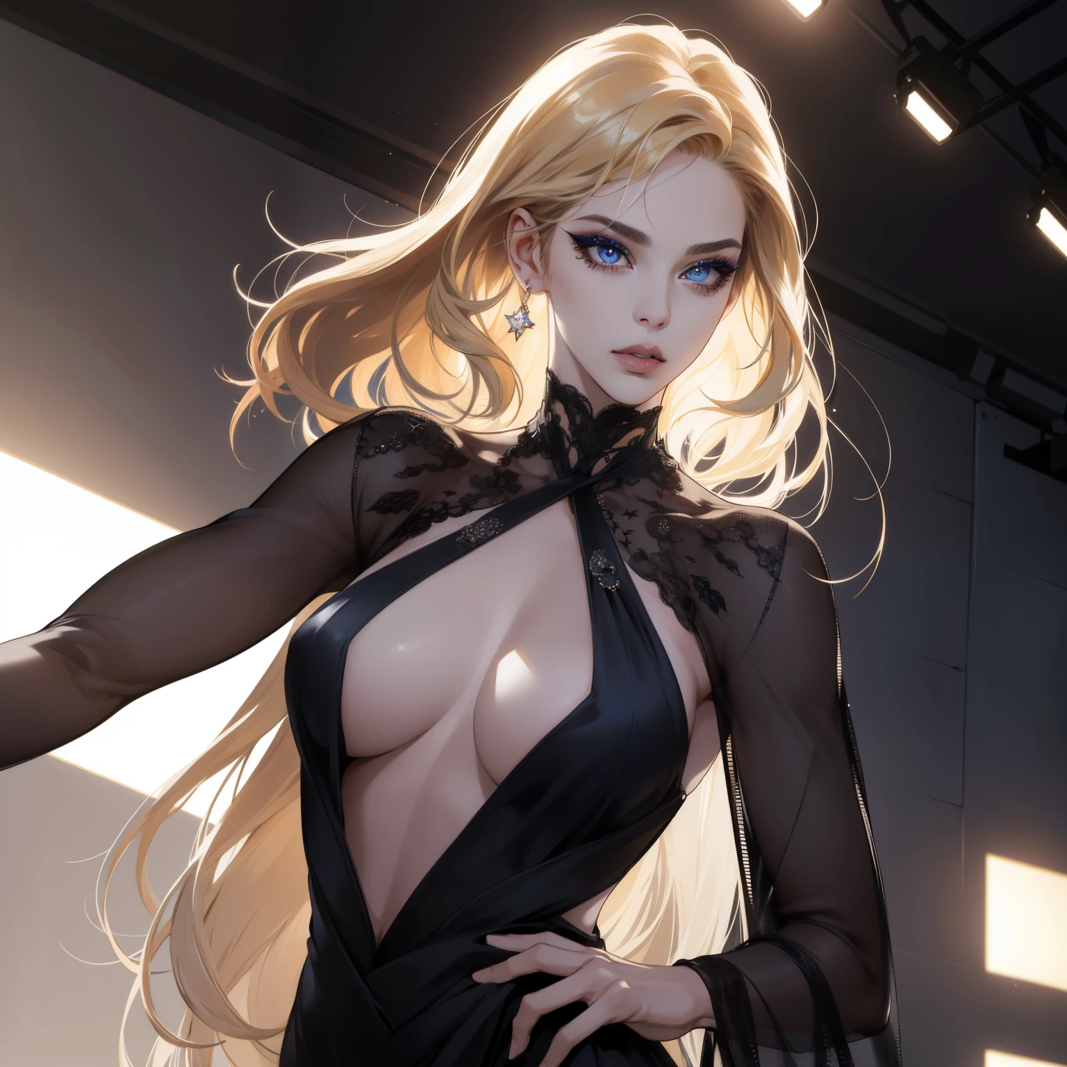 (best quality,4k,8k,highres,masterpiece:1.2),ultra-detailed,(realistic,photorealistic,photo-realistic:1.37),beautiful detailed eyes,beautiful detailed lips,extremely detailed eyes and face,long eyelashes,1 girl,model,fierce,defiant,famous model,blonde,model with confident eyes,striking blue eyes,magnificent hairstyle,breathtaking beauty,flawless skin,fashionable attire,stylish makeup,great posture,posing with attitude,photo shoot set,audience admiring,model under spotlight,dynamic lighting,high fashion vibes,vogue style,graceful movement,runway fashion show,glamorous background,jaw-dropping elegance,strikingly confident expression,captivating charm,piercing gaze,captured in a stunning pose,female model wearing couture,famous for her unique style,inspiration for aspiring models,graceful and bold presence,living legend of the modeling world,renowned across the globe,model known for her fierce and defiant personality