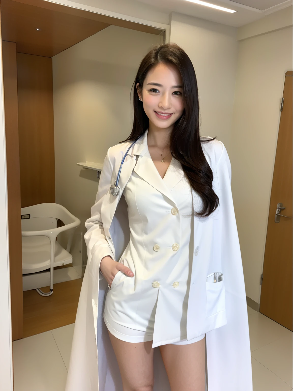 top-quality, ​masterpiece, 超A high resolution, Photorealsitic, 1girl, Manteau blanc, a smile, Female doctor, long legged, Examination room, japanes, medium chest