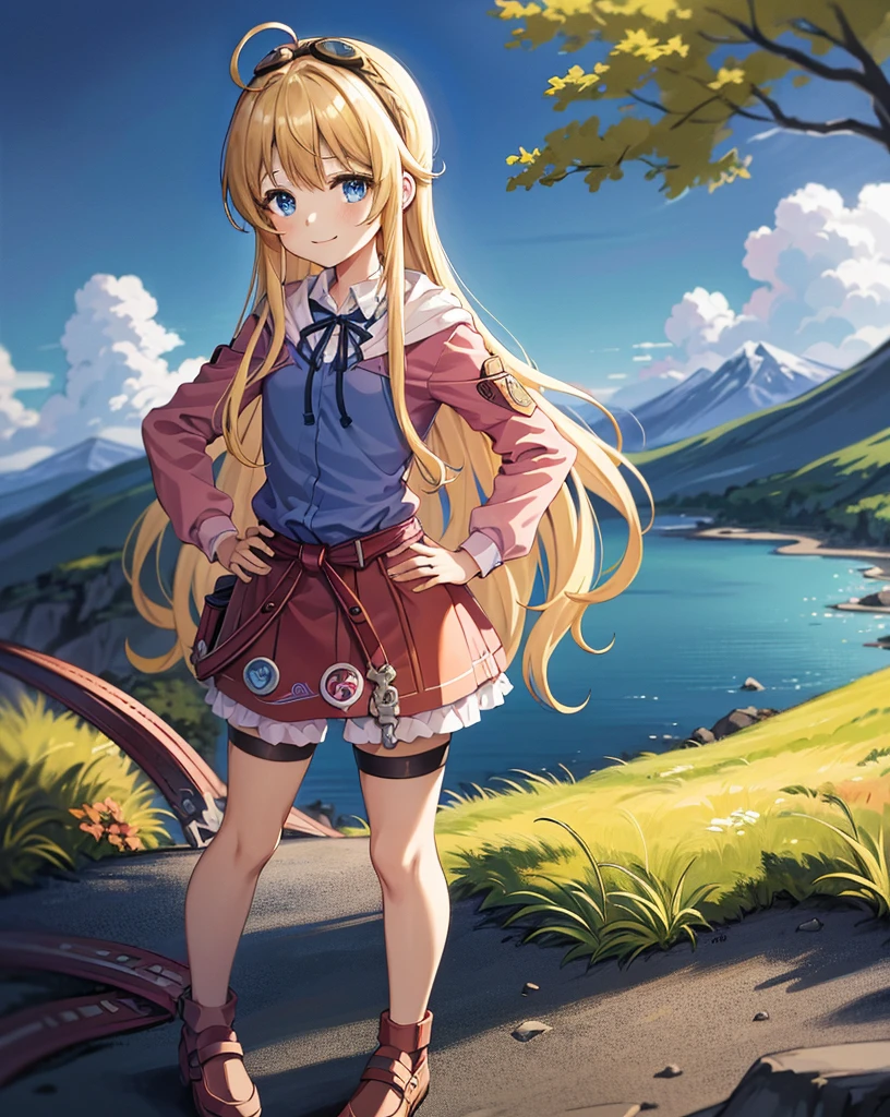 Best Quality, (masutepiece:1.2), Illustration, absurderes,
(1girl in, Solo), (Beautiful detailed girl),
Tita Russell, Blue eyes, Blonde hair, Long hair, Ahoge, Small breasts, flat chest, Petite,
goggles on neck, Green hoodie, Blue shirt, Miniskirt, Black socks, Red shoes,
mountain in the distance々Overlooking, distant river, (Pine forest), Colored leaves, skyporn, Clouds, Convoluted, Detailed background,,
Looking at Viewer, Smile, blush,
((Hands on hips)), Cowboy Shot,