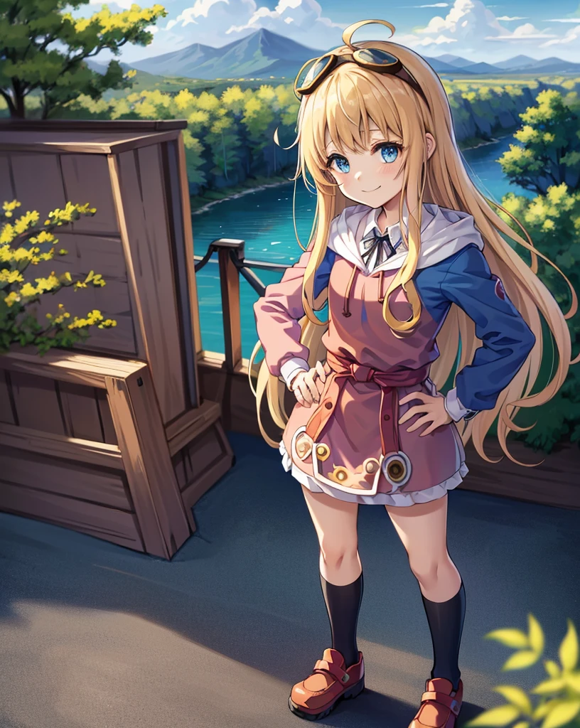 Best Quality, (masutepiece:1.2), Illustration, absurderes,
(1girl in, Solo), (Beautiful detailed girl),
Tita Russell, Blue eyes, Blonde hair, Long hair, Ahoge, Small breasts, flat chest, Petite,
goggles on neck, Green hoodie, Blue shirt, Miniskirt, Black socks, Red shoes,
mountain in the distance々Overlooking, distant river, (Pine forest), Colored leaves, skyporn, Clouds, Convoluted, Detailed background,,
Looking at Viewer, Smile, blush,
((Hands on hips)), Cowboy Shot,