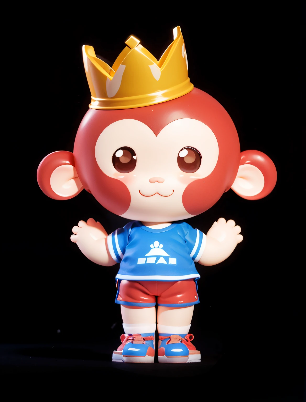 3D character style,Harmonious and clear facial features((Best quality at best)), ((tmasterpiece)), ( The content is very detailed, highest details, offcial art, Beauty and aesthetics:1.2), depth of fields, Composition of the whole body, (tchibi), , (beautiful and detailed eye:1.3),(extremely happy:1)A cute red monkey,simple yellow crown,Cute face,blue short sleeves,Red sports shorts,athletic sneakers