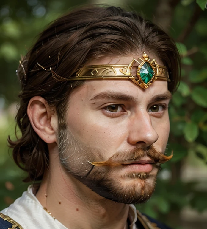 a close up of a painting of a man with a ((diadem crown)) on his head, king richard the lionheart, (mustache and beard), (beard:1.5), (ginger hair), avatar image, portrait of great king, portrait of homelander, hugh detailed, renaissance prince, ultra high pixel detail, inspired by Simon de Vlieger, gilgamesh, digitally remastered