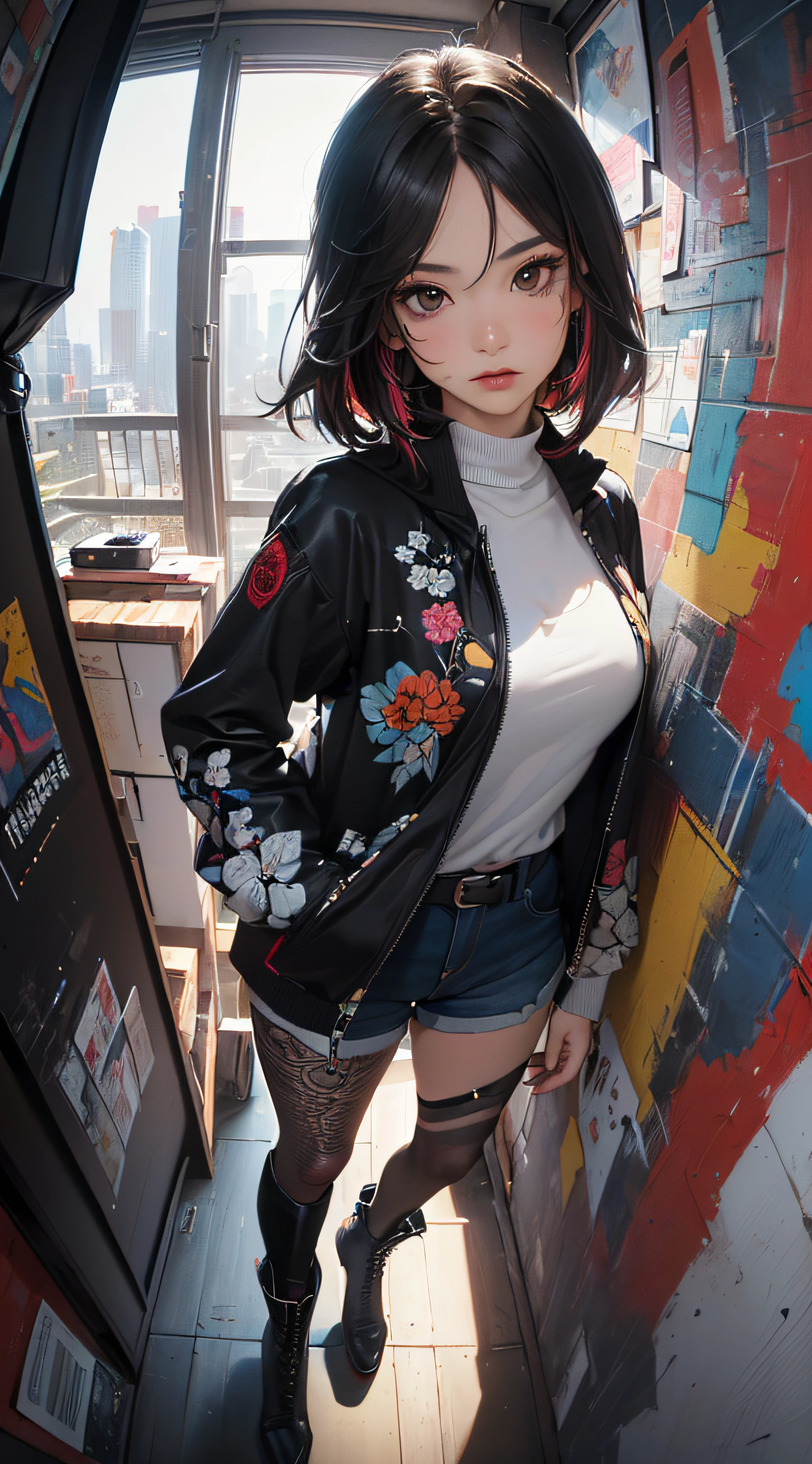 (((8k wallpaper of extremely detailed CG unit:1.2, masterpiece, hight resolution:1.2, top-quality:1.2, masutepiece))), ((a very beautiful woman, Hands in pockets:1.8, Wear outerwear:1.2, Wearing hot pants, wearing tights and boots)), ((extra detailed face, Highly detailed black eyes:1.2, extra detailed body, Top quality real texture skins)), (A dark-haired, length hair, de pele branca), ((Colorful geometric patterns are painted all over the wall...)), (high-angle:1.2, Fisheye:1.3), hyper realisitic, digitial painting,