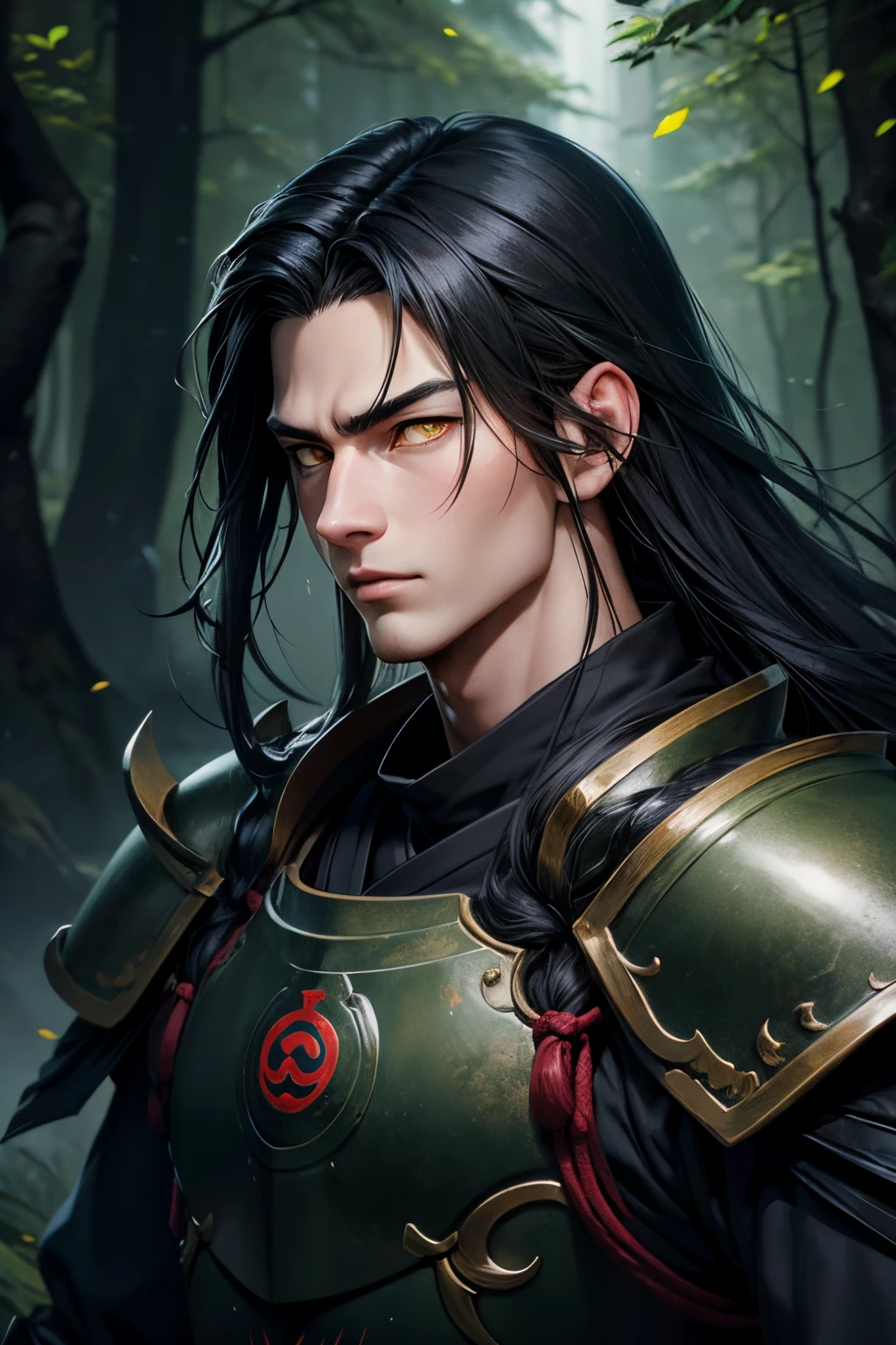 Realistic anime style, from the front, man, oriental, 30 years old, long black hair, bright yellow eyes with a black background, black veins on the neck, full samurai armor, armor in black and very dark green, in the middle of a forest dark.