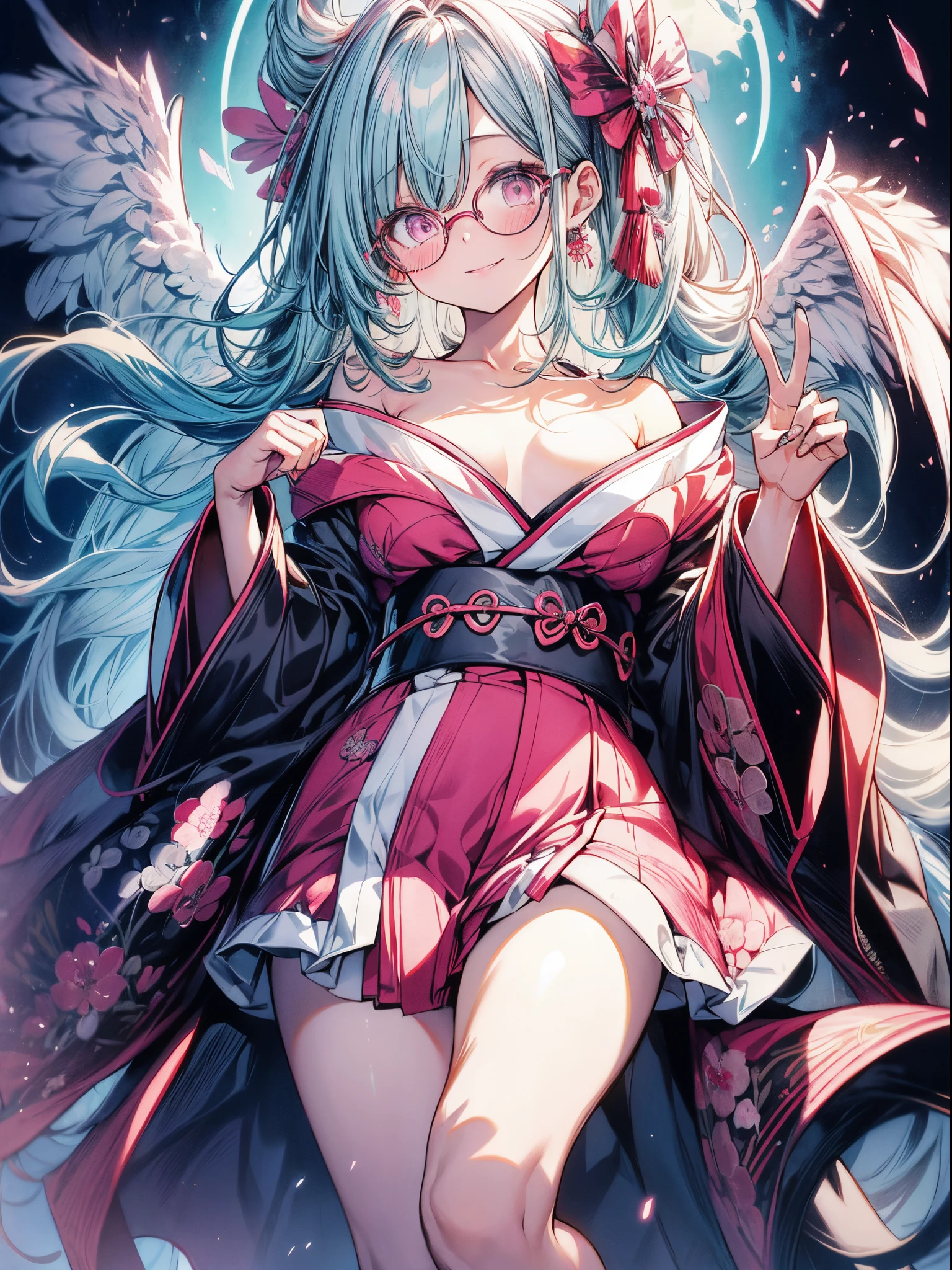 Absurdres,best quality,insanely detailed,1 cute lovely girl,cute smile,peace,short drilled twin tail,aqua hair,pink eyes,(round glasses:1.2),(Japanese clothes,kimono :1.2),thighs ,striped over-knee high,cleavage,(off shoulders :1.2),ancient Japanese town,(from below:1.2),sparkly eyes,beautiful and detailed eyes,gleaming pale skin,cute pose,professional lighting,cinematic angel,brilliant theme,hyper realistic, perfect anatomy, perfect 5 fingers