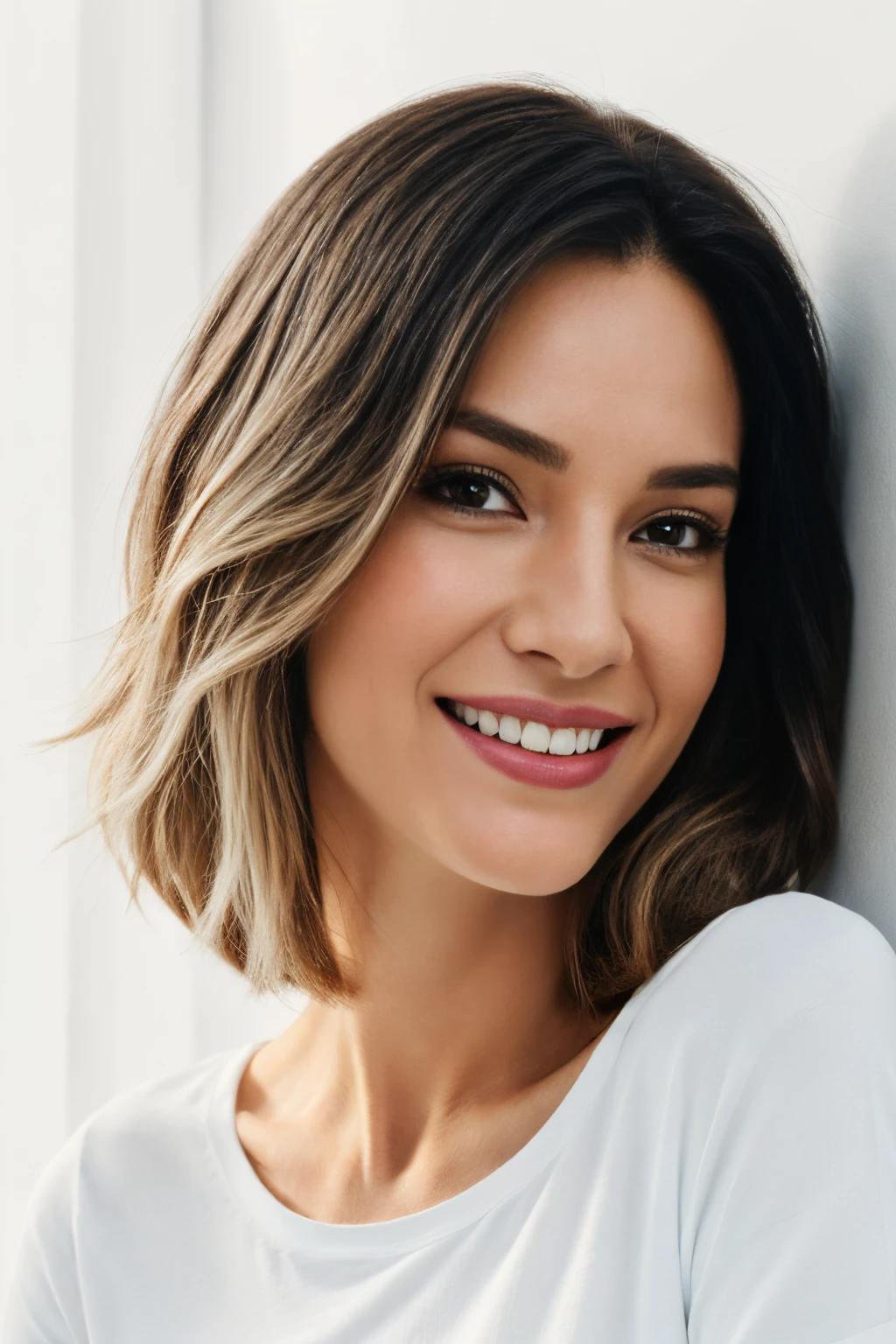 Best Quality, photorealestic, Ultra-detailed, finely detail, hight resolution, 8k wall paper, Professional, (Attractive 30 year old woman hairdresser), Elegant and stylish white hair, hair light, wears black jeans and a black T-shirt, smiles naturally), natural lighting, On White Background