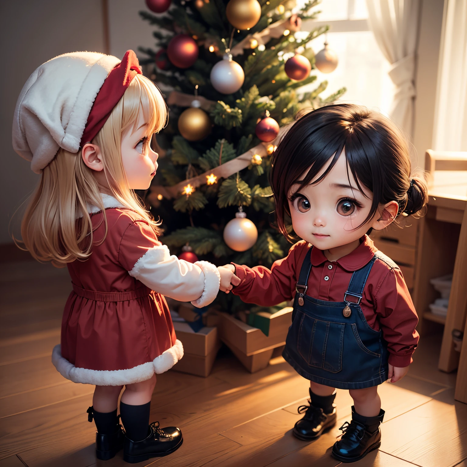 masterpiece、top-quality、ultra-detailliert、(Chibi Chara Kindergarten Kids:1.2)、a couple、stare at each other、Christmas tree、A smile、Secret story、Standing