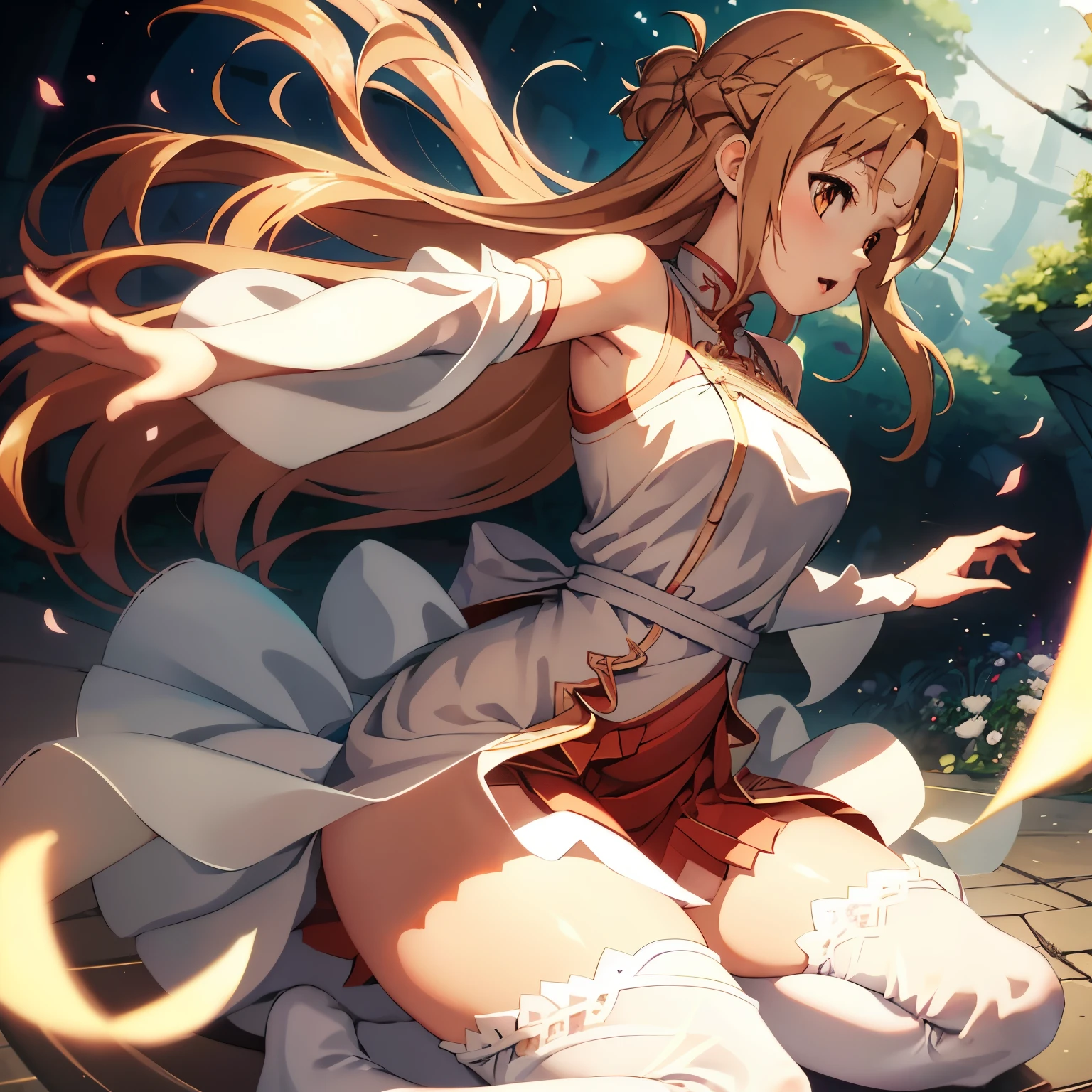 Asuna、Sword Art Online、JK Packing、Single horsetail, Yuuki Asuna, High quality, 8K, ​master piece, {{{{masutepiece}}}}, {{{Hyper Detailed}}}, {{{hight resolution}}}, {{Good anatomy}}, (((Best Quality))), ((extremely delicate and beautiful)), {{an extremely detailed and delicate}}, {8k cg wallpaper}, {{Illustration}}, Ray tracing, sleeveless dress, cheongsam tunic suit, pelvis curtain, High Slit Dress, Asuna,white lace panties, dress lift,nsfw, panty shot,upskirt