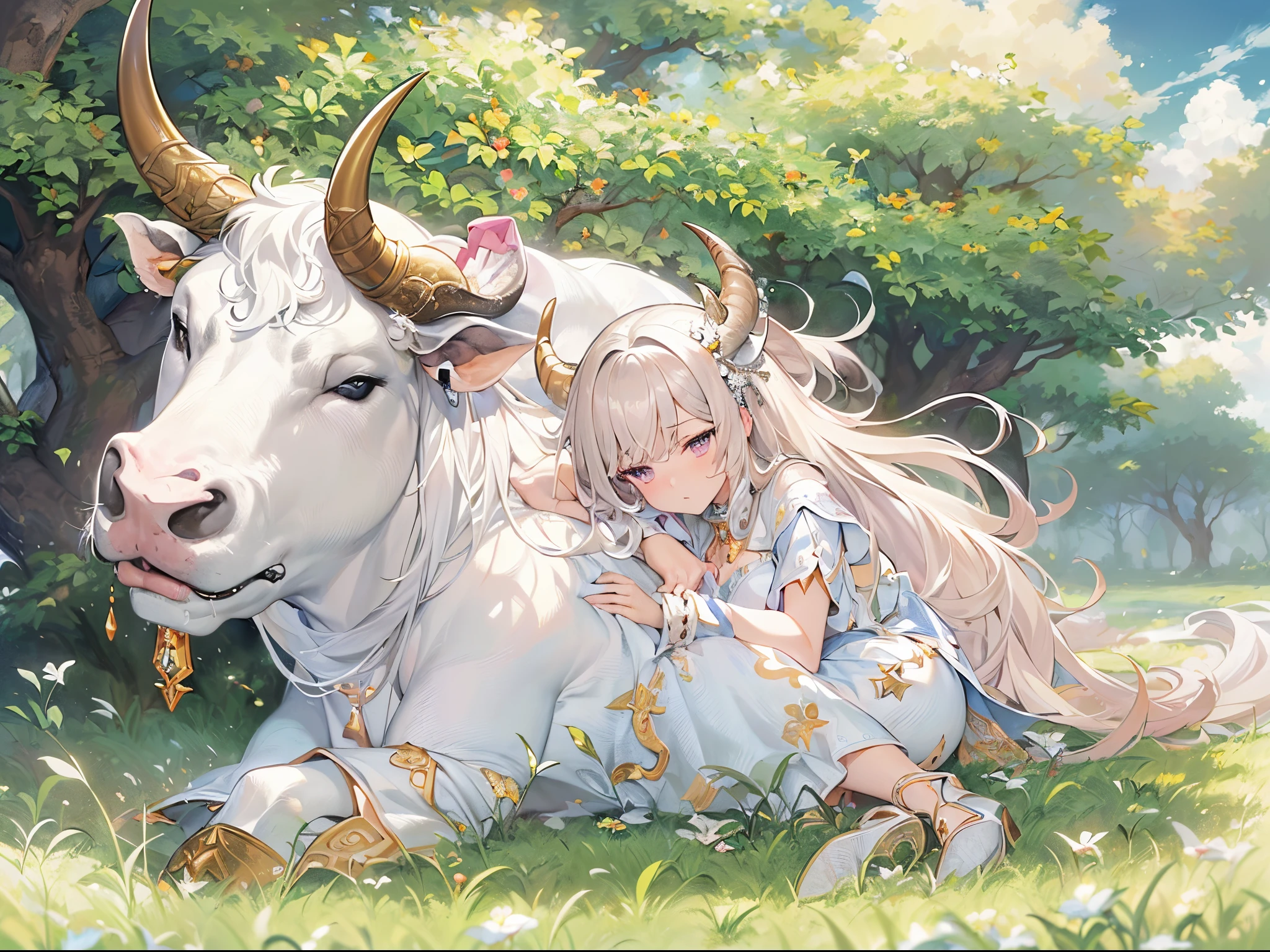 ((Finest quality)),(超A high resolution),(ultra-detailliert),(Meticulous portrayal),((Best Anime)),(Finest works of art),Ultra-Precision Art,The art of astounding depiction,Overwhelming descriptive power:1.5, (One Goddess:1.5),(Snuggle up to the white bull:1.3),big white bull eating grass, grass field,